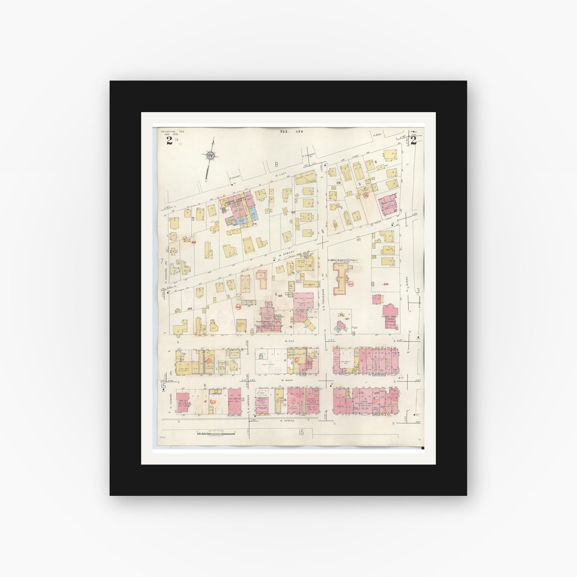 Old map wall art mockup — black gallery frame with white mat — Sanborn Fire Insurance Map from Palestine, Anderson County, Texas (1949), Sheet #0002