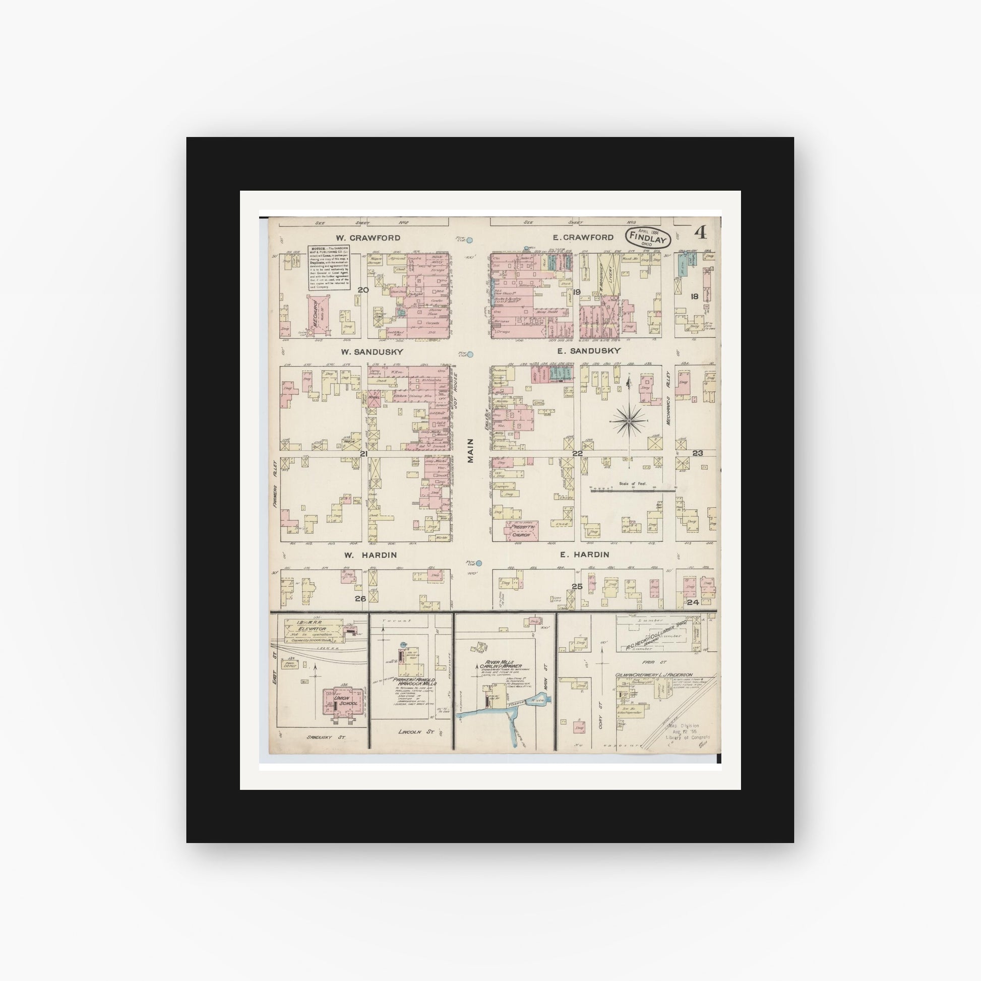 Old map wall art mockup — black gallery frame with white mat — Sanborn Fire Insurance Map from Findlay, Hancock County, Ohio (1884), Sheet #0004