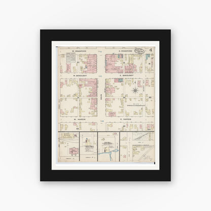 Old map wall art mockup — black gallery frame with white mat — Sanborn Fire Insurance Map from Findlay, Hancock County, Ohio (1884), Sheet #0004