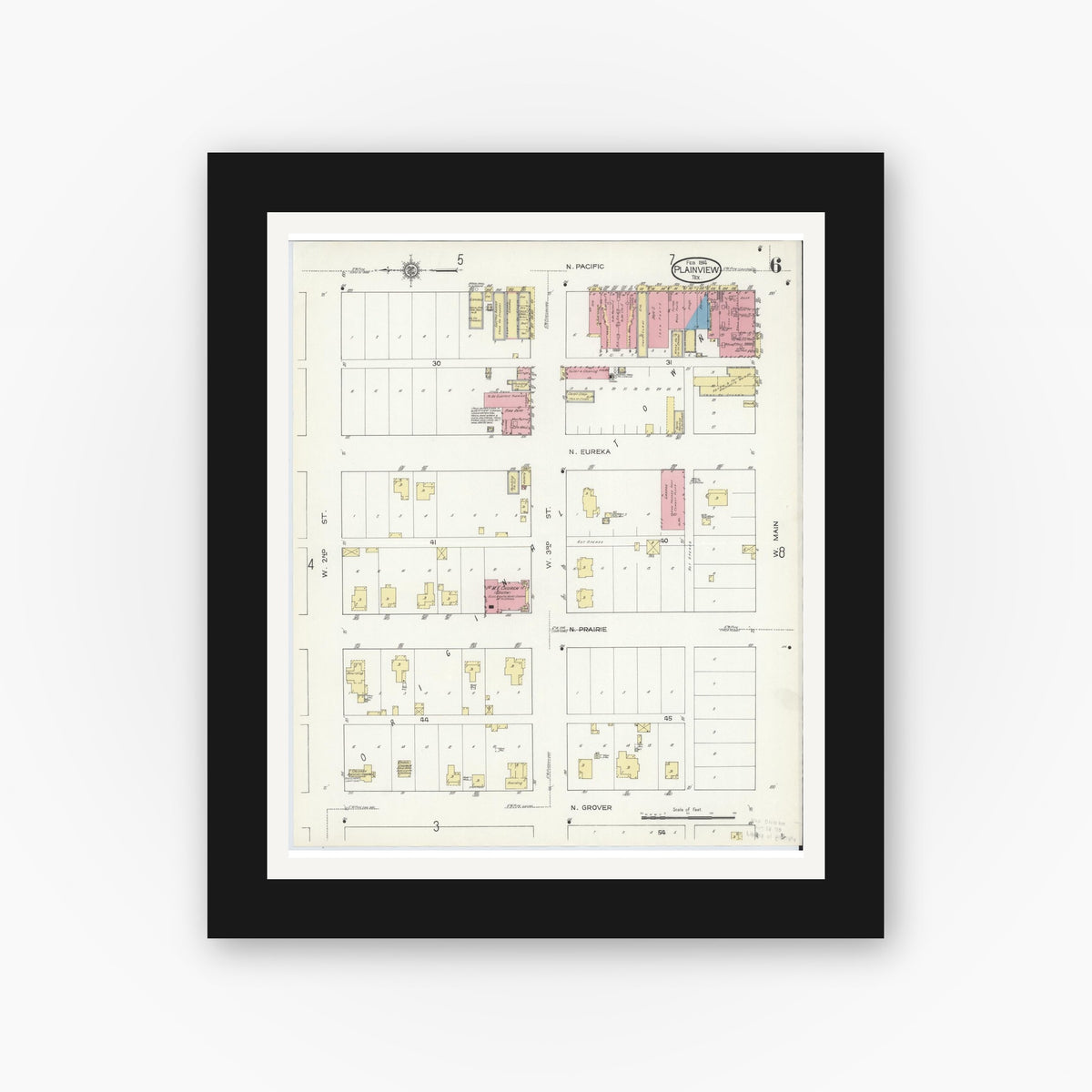 Old map wall art mockup — black gallery frame with white mat — Sanborn Fire Insurance Map from Plainview, Hale County, Texas (1914), Sheet #0006