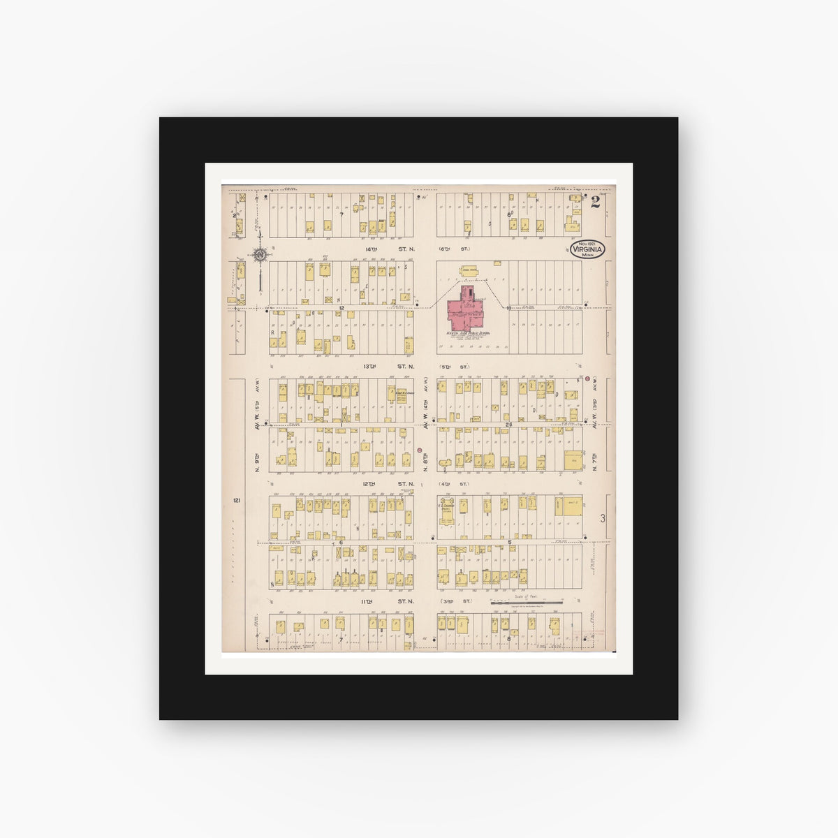 Old map wall art mockup — black gallery frame with white mat — Sanborn Fire Insurance Map from Virginia, Saint Louis County, Minnesota (1921), Sheet #0002