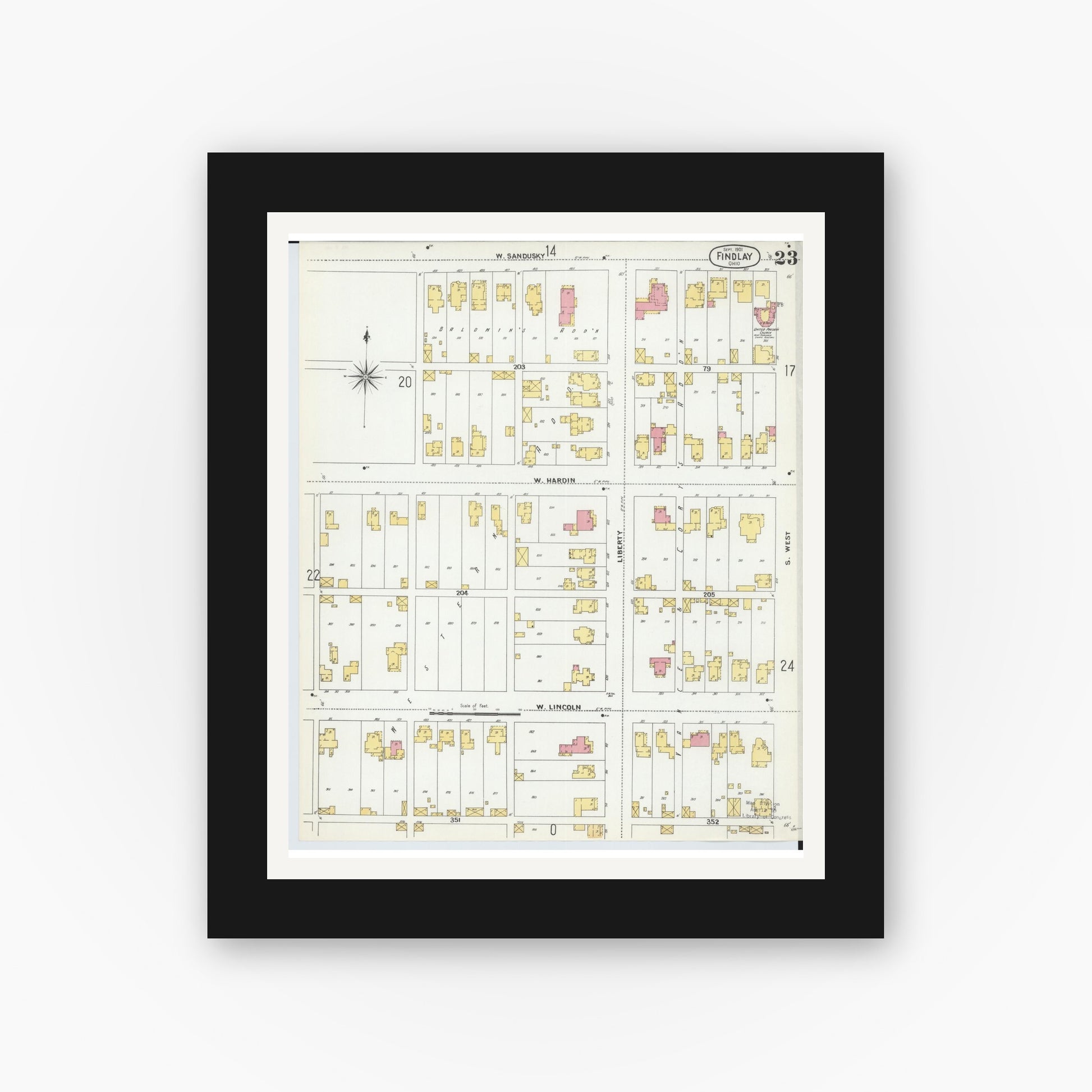 Old map wall art mockup — black gallery frame with white mat — Sanborn Fire Insurance Map from Findlay, Hancock County, Ohio (1901), Sheet #0023