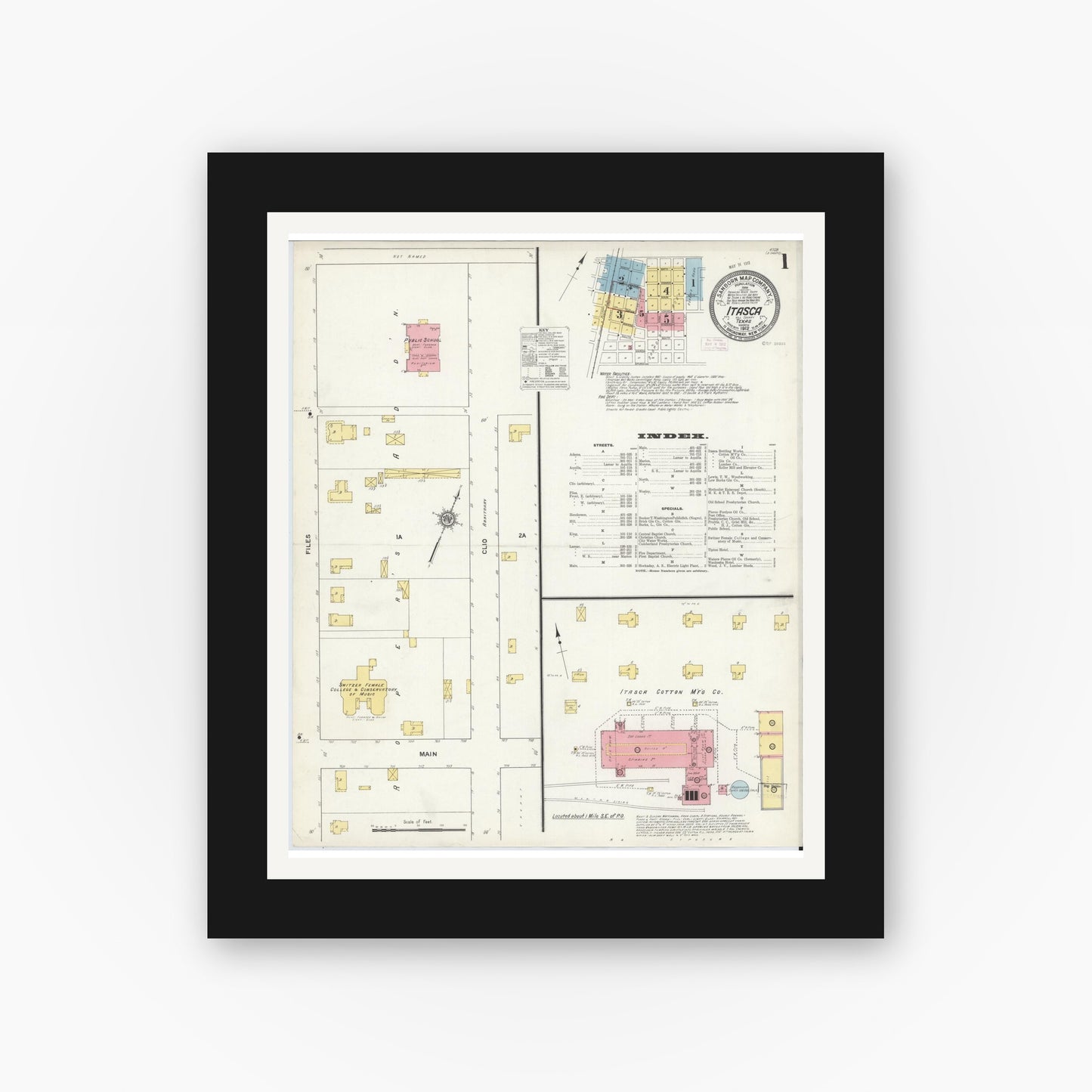 Old map wall art mockup — black gallery frame with white mat — Sanborn Fire Insurance Map from Itasca, Hill County, Texas (1912) - Complete Map Set