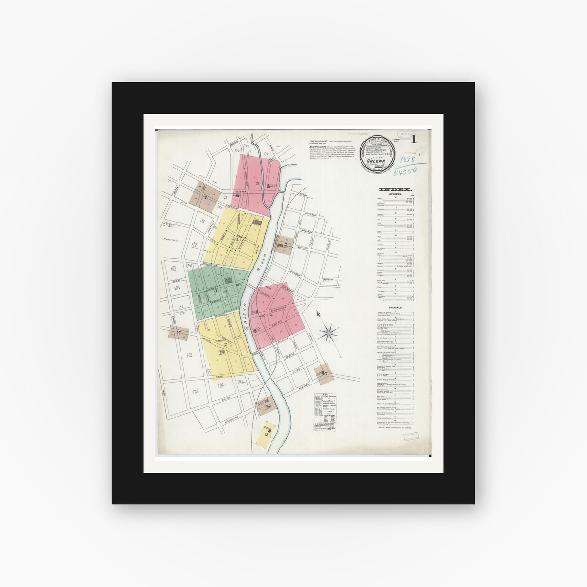 Old map wall art mockup — black gallery frame with white mat — Sanborn Fire Insurance Map from Galena, Jo Daviess County, Illinois (1898), Sheet #0001