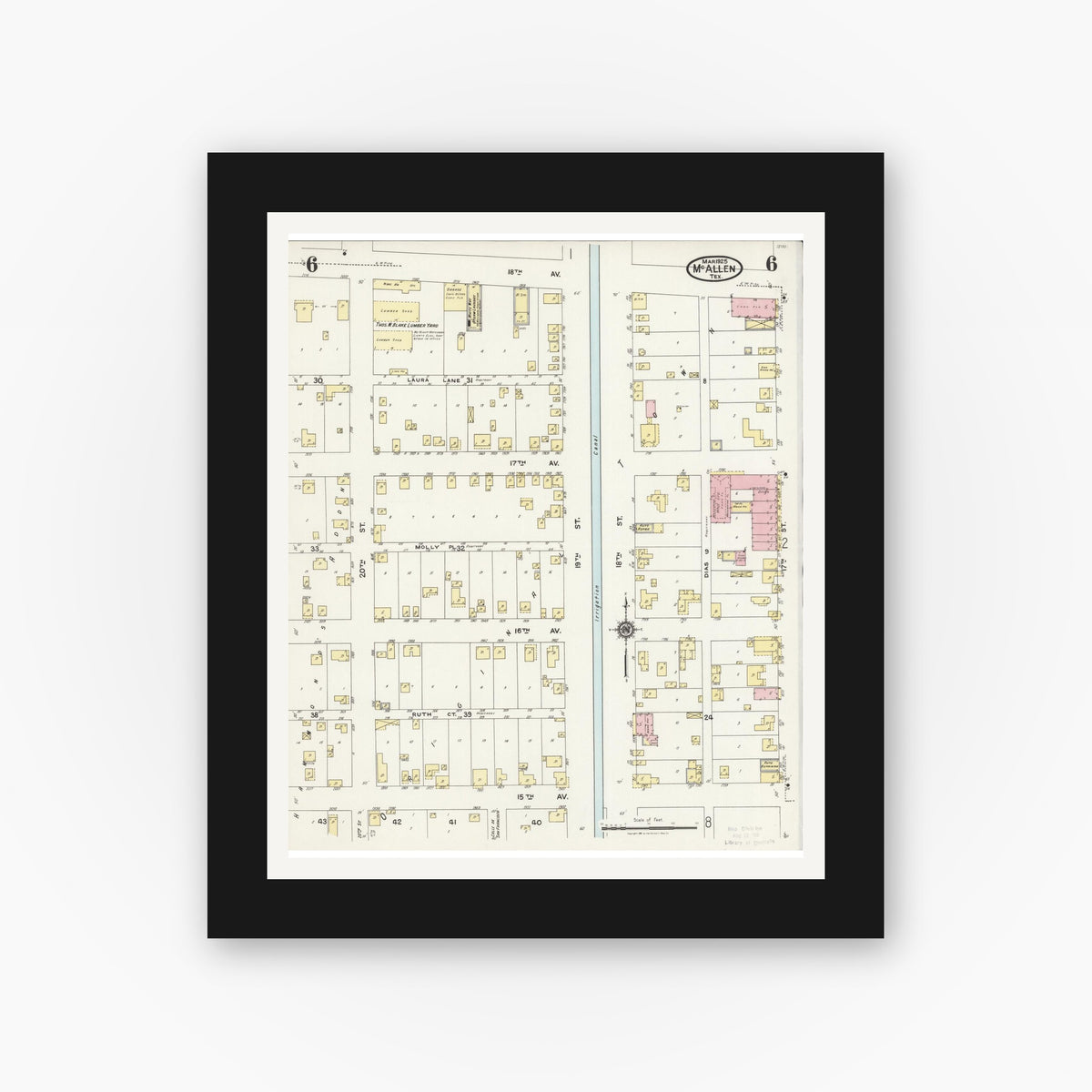 Old map wall art mockup — black gallery frame with white mat — Sanborn Fire Insurance Map from McAllen, Hidalgo County, Texas (1925), Sheet #0006
