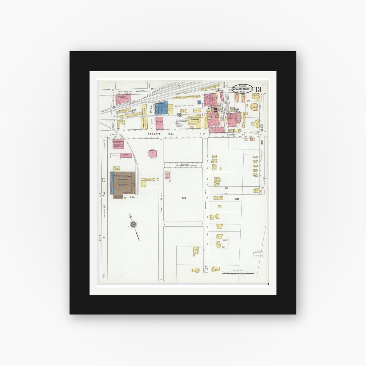 Old map wall art mockup — black gallery frame with white mat — Sanborn Fire Insurance Map from Charlottesville, Independent Cities, Virginia (1920), Sheet #0013