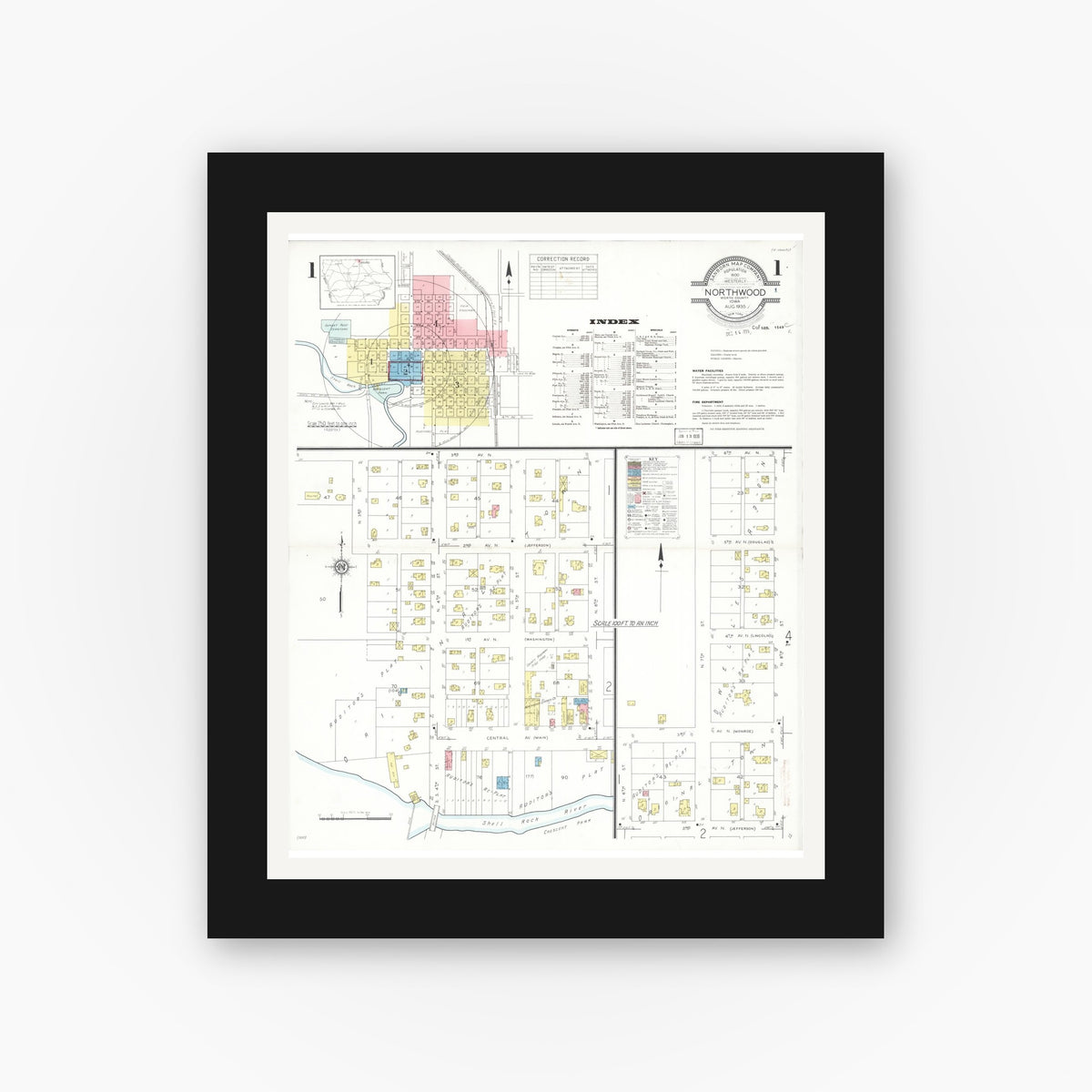 Old map wall art mockup — black gallery frame with white mat — Sanborn Fire Insurance Map from Northwood, Worth County, Iowa (1935) â€” Complete Set