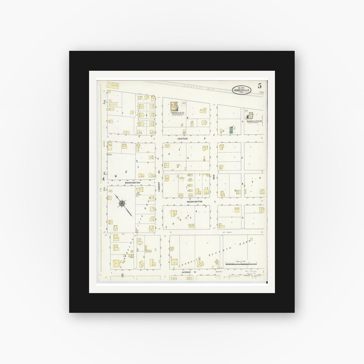 Old map wall art mockup — black gallery frame with white mat — Sanborn Fire Insurance Map from Somerville, Burleson County, Texas (1910), Sheet #0005