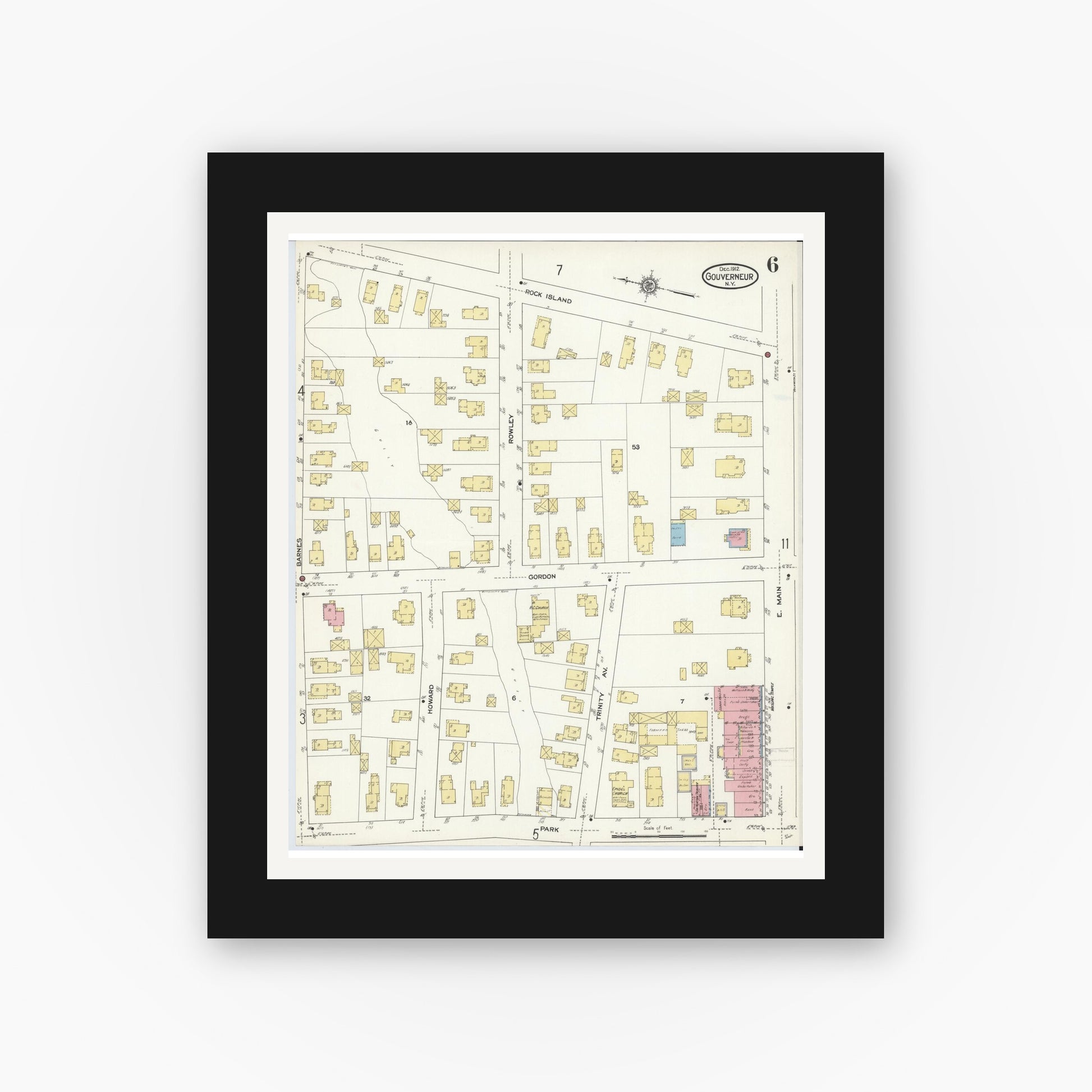 Old map wall art mockup — black gallery frame with white mat — Sanborn Fire Insurance Map from Gouverneur, Saint Lawrence County, New York (1912), Sheet #0006