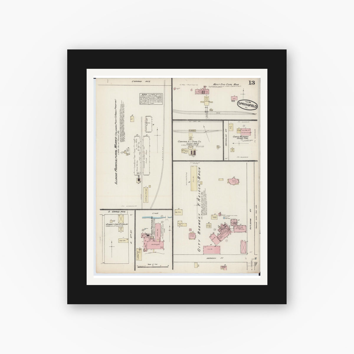 Old map wall art mockup — black gallery frame with white mat — Sanborn Fire Insurance Map from Springfield, Sangamon County, Illinois (1884), Sheet #0013