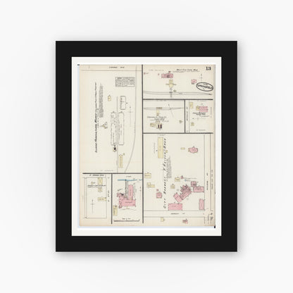 Old map wall art mockup — black gallery frame with white mat — Sanborn Fire Insurance Map from Springfield, Sangamon County, Illinois (1884), Sheet #0013
