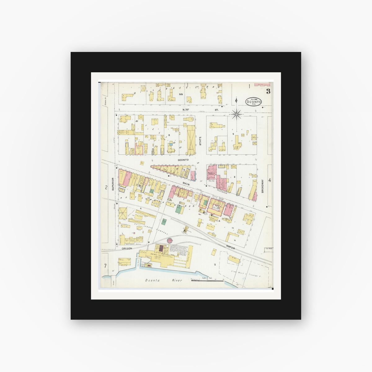Old map wall art mockup — black gallery frame with white mat — Sanborn Fire Insurance Map from Oconto, Oconto County, Wisconsin (1904), Sheet #0003