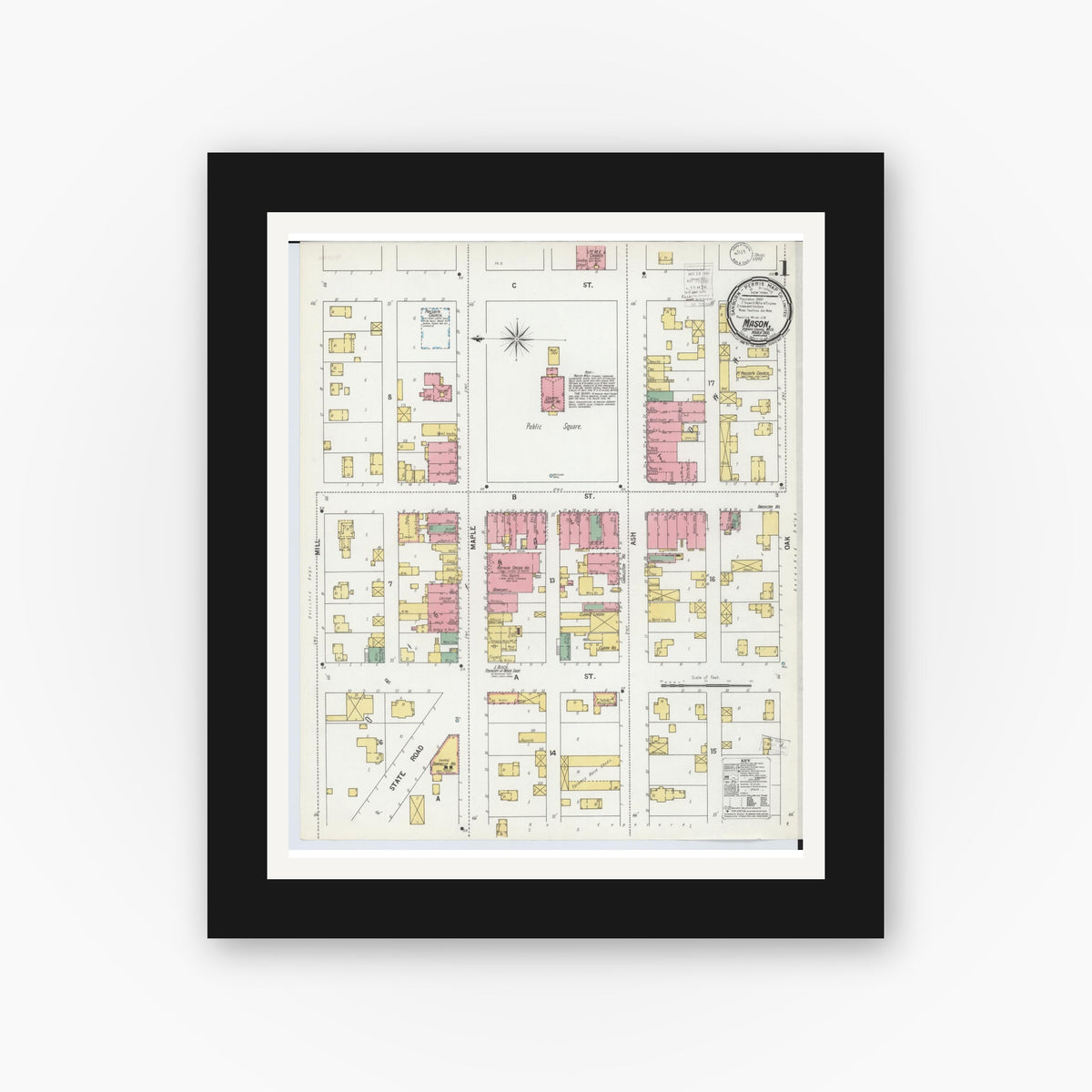 Old map wall art mockup — black gallery frame with white mat — Sanborn Fire Insurance Map from Mason, Ingham County, Michigan (1900), Sheet #0001