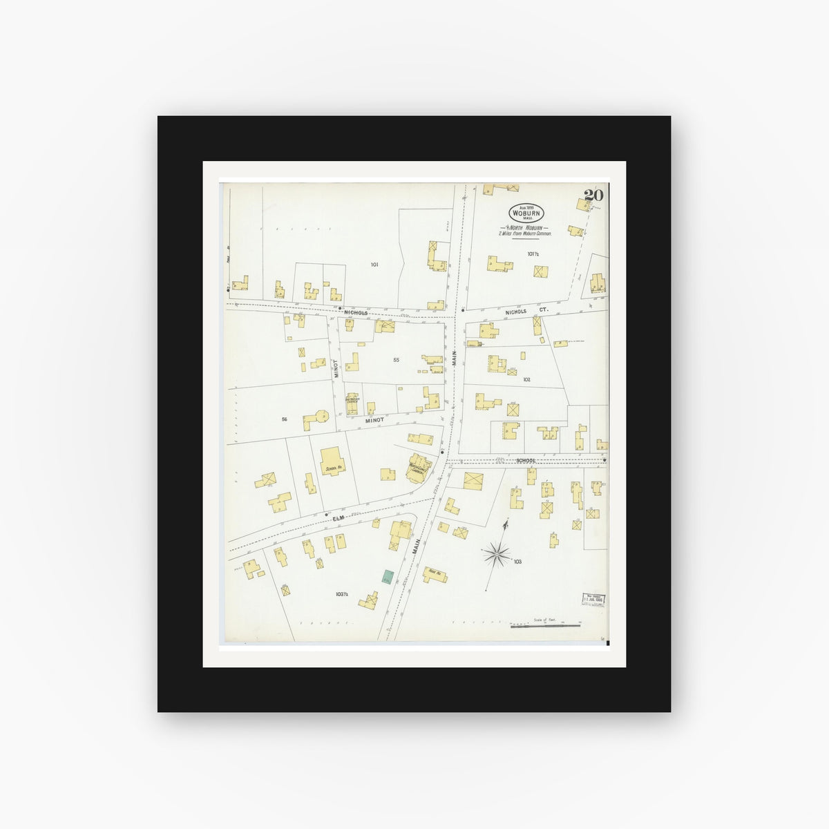 Old map wall art mockup — black gallery frame with white mat — Sanborn Fire Insurance Map from Woburn, Middlesex County, Massachusetts (1899), Sheet #0020