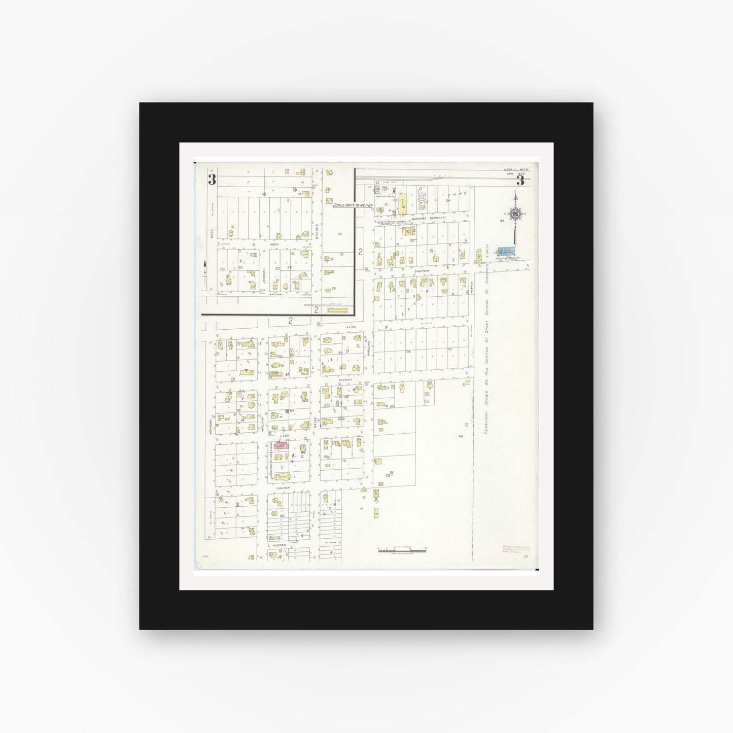 Old map wall art mockup — black gallery frame with white mat — Sanborn Fire Insurance Map from Merrill, Saginaw County, Michigan (1939), Sheet #0003