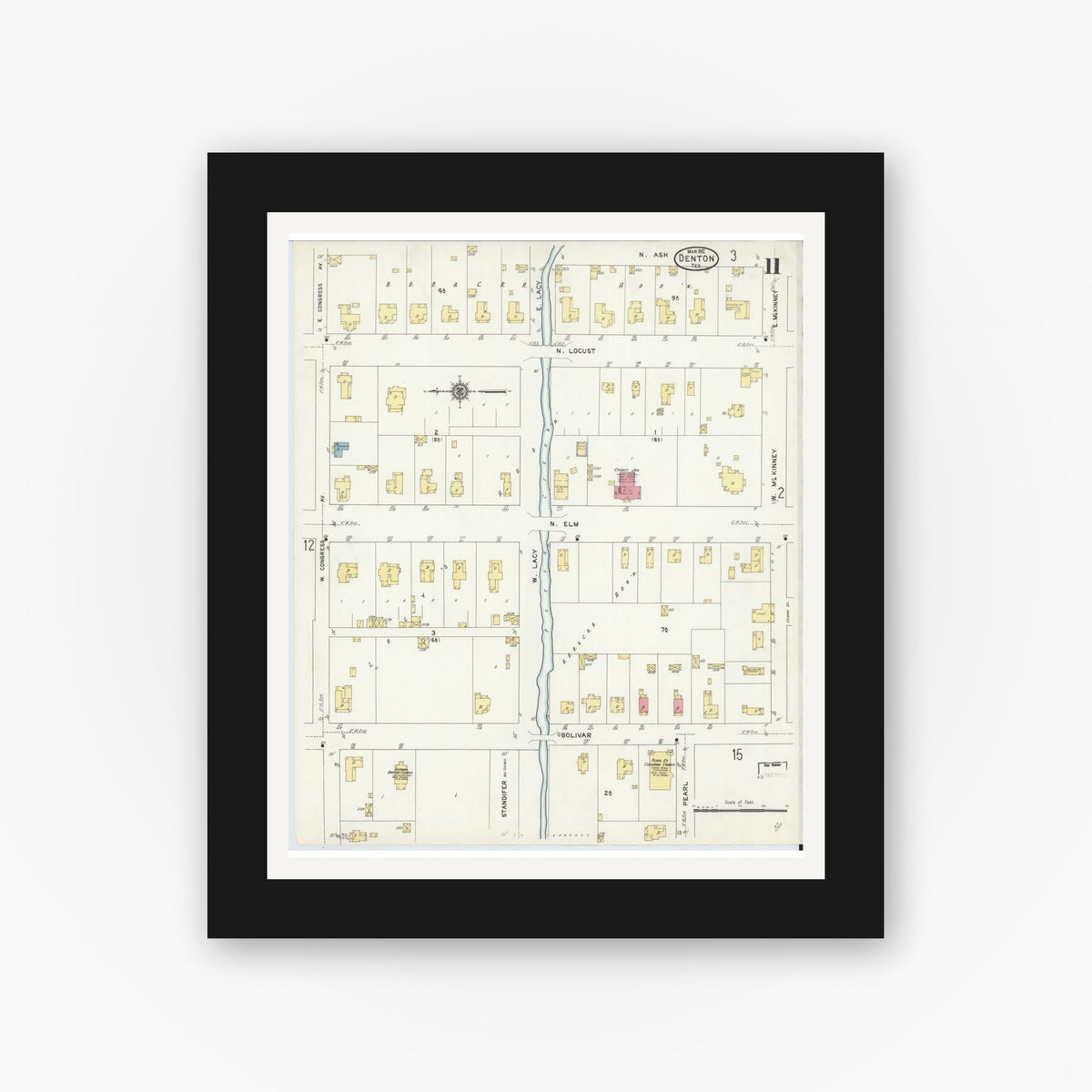 Old map wall art mockup — black gallery frame with white mat — Sanborn Fire Insurance Map from Denton, Denton County, Texas (1912), Sheet #0011