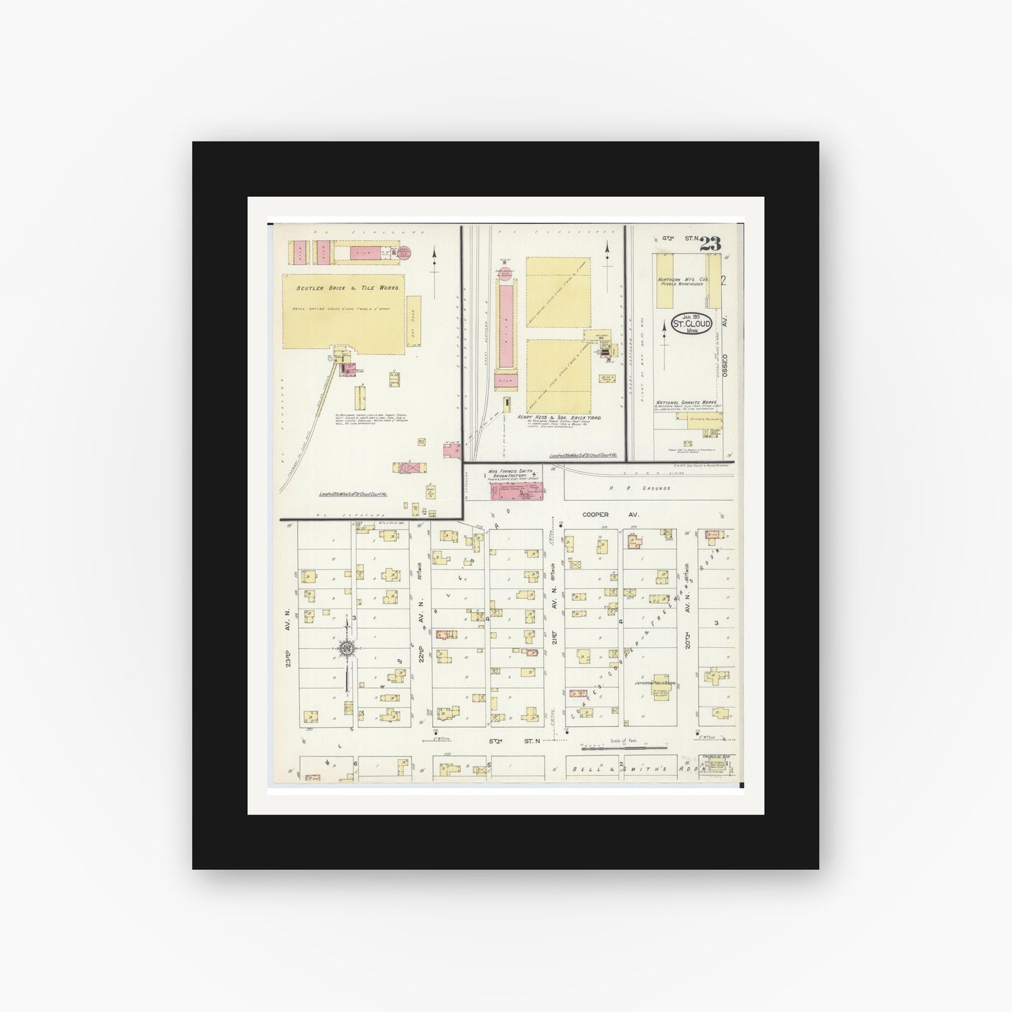 Old map wall art mockup — black gallery frame with white mat — Sanborn Fire Insurance Map from Saint Cloud, Stearns, Benton, and Sherburne Counties, Minnesota (1913), Sheet #0023