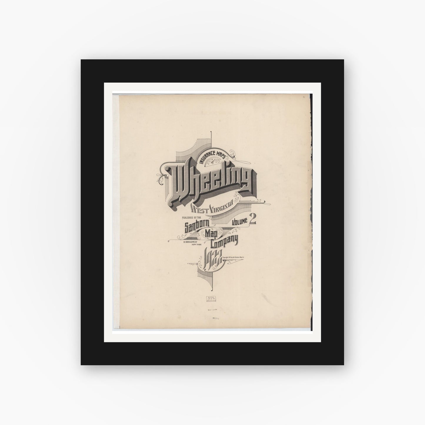 Old map wall art mockup — black gallery frame with white mat — Sanborn Fire Insurance Map from Wheeling, Ohio County, West Virginia (1922), Sheet #0001