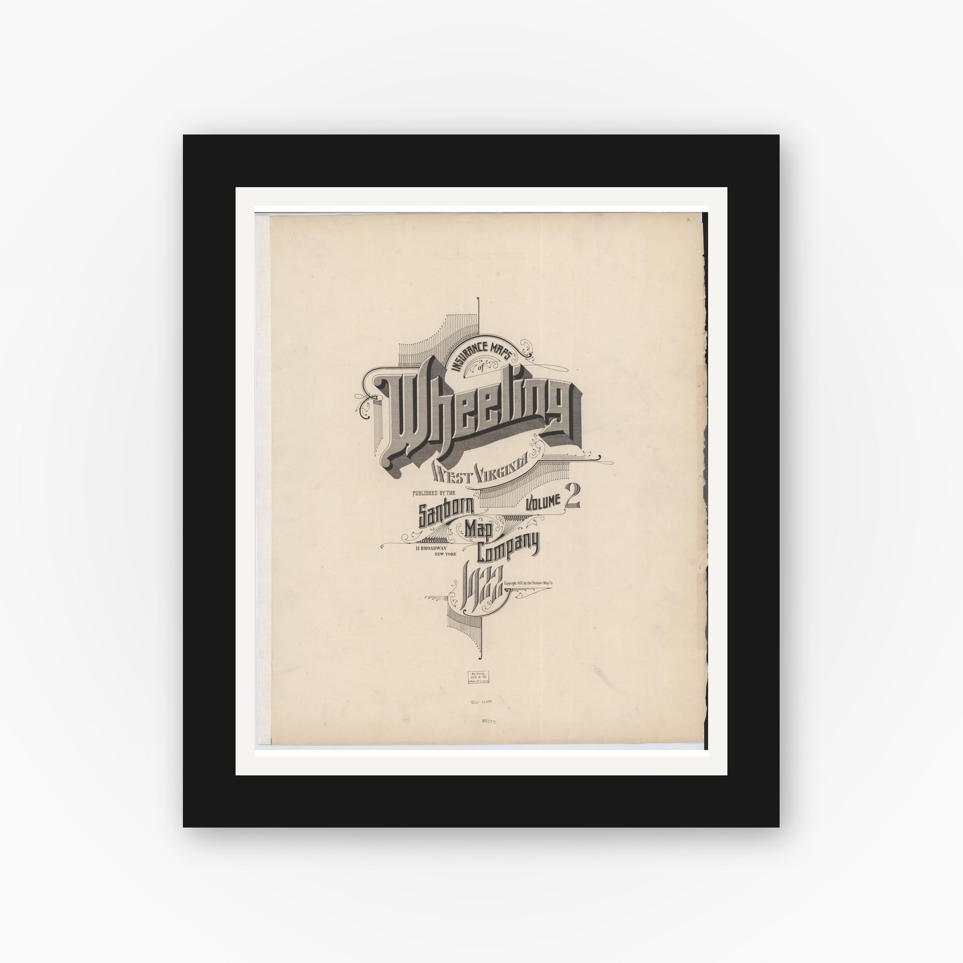 Old map wall art mockup — black gallery frame with white mat — Sanborn Fire Insurance Map from Wheeling, Ohio County, West Virginia (1922), Sheet #0001