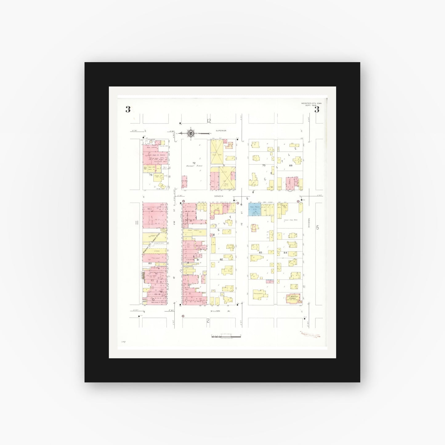 Old map wall art mockup — black gallery frame with white mat — Sanborn Fire Insurance Map from Webster City, Hamilton County, Iowa (1938), Sheet #0003