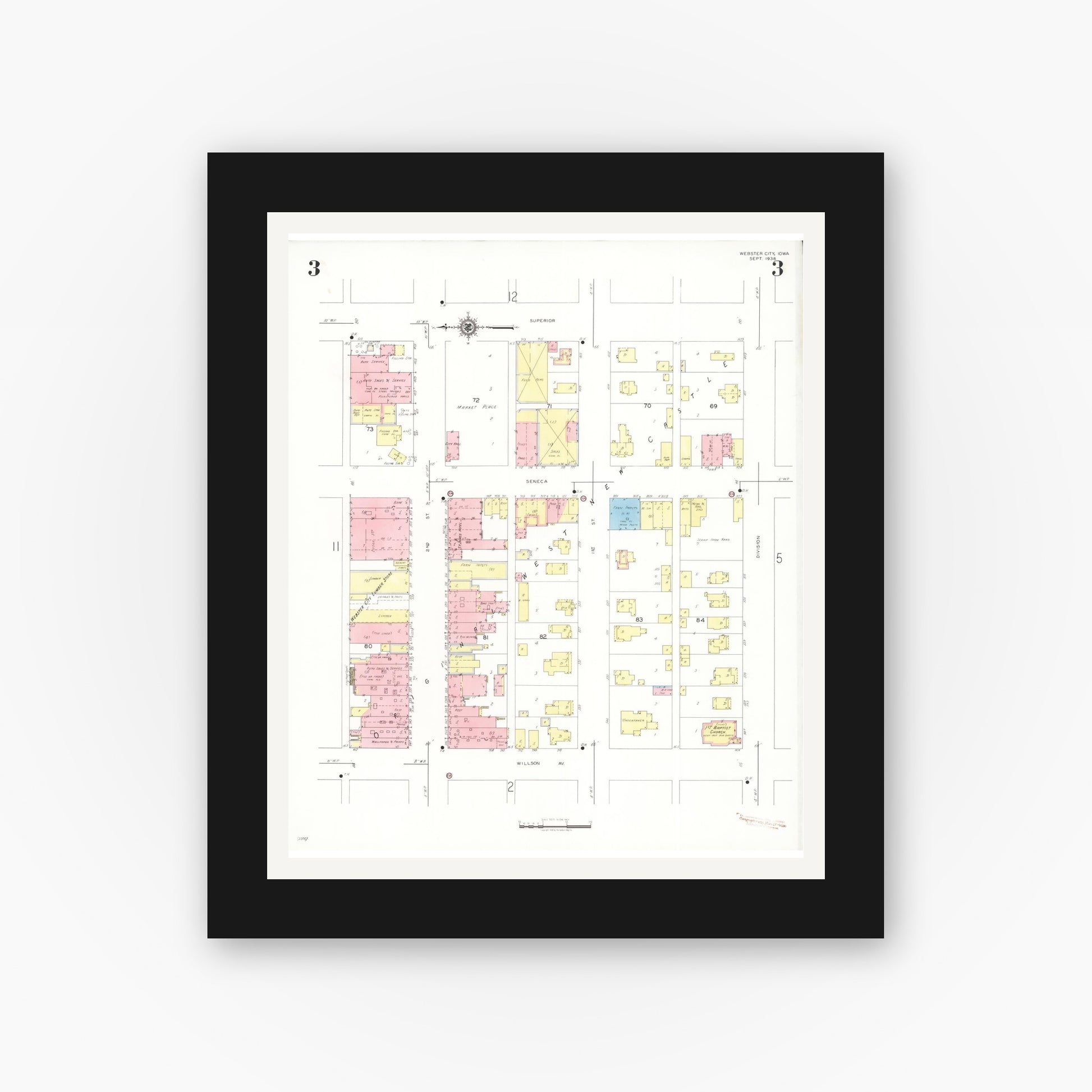 Old map wall art mockup — black gallery frame with white mat — Sanborn Fire Insurance Map from Webster City, Hamilton County, Iowa (1938), Sheet #0003