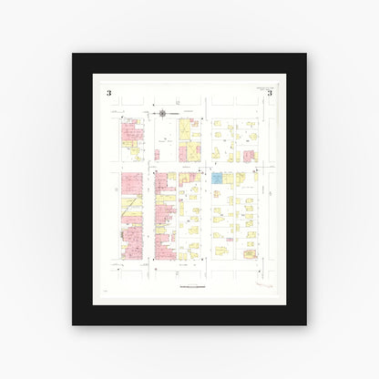 Old map wall art mockup — black gallery frame with white mat — Sanborn Fire Insurance Map from Webster City, Hamilton County, Iowa (1938), Sheet #0003