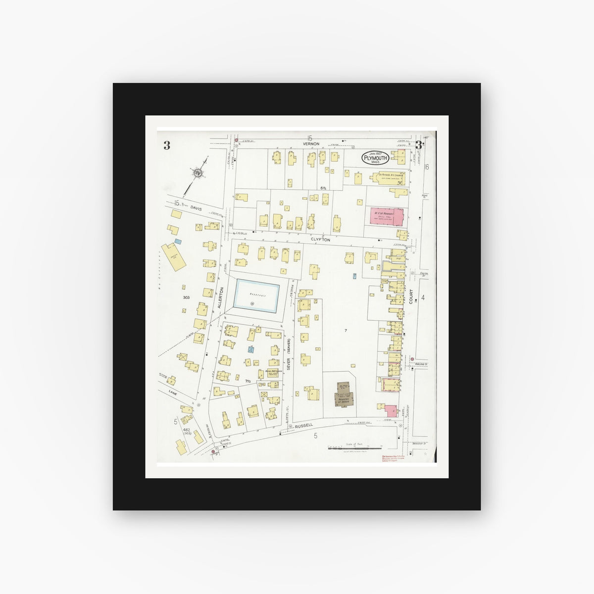 Old map wall art mockup — black gallery frame with white mat — Sanborn Fire Insurance Map from Plymouth, Plymouth County, Massachusetts (1927), Sheet #0003
