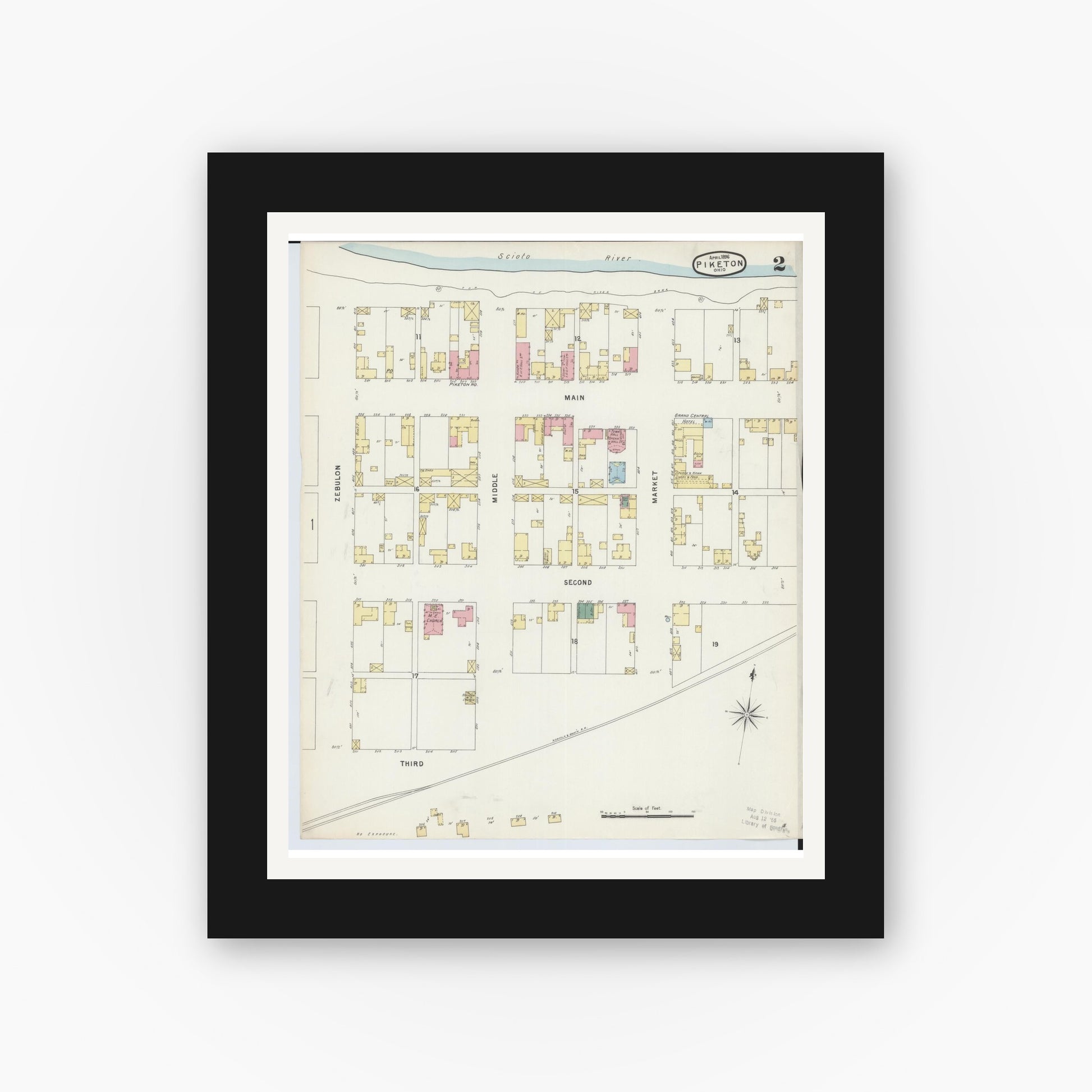 Old map wall art mockup — black gallery frame with white mat — Sanborn Fire Insurance Map from Piketon, Pike County, Ohio (1896), Sheet #0002