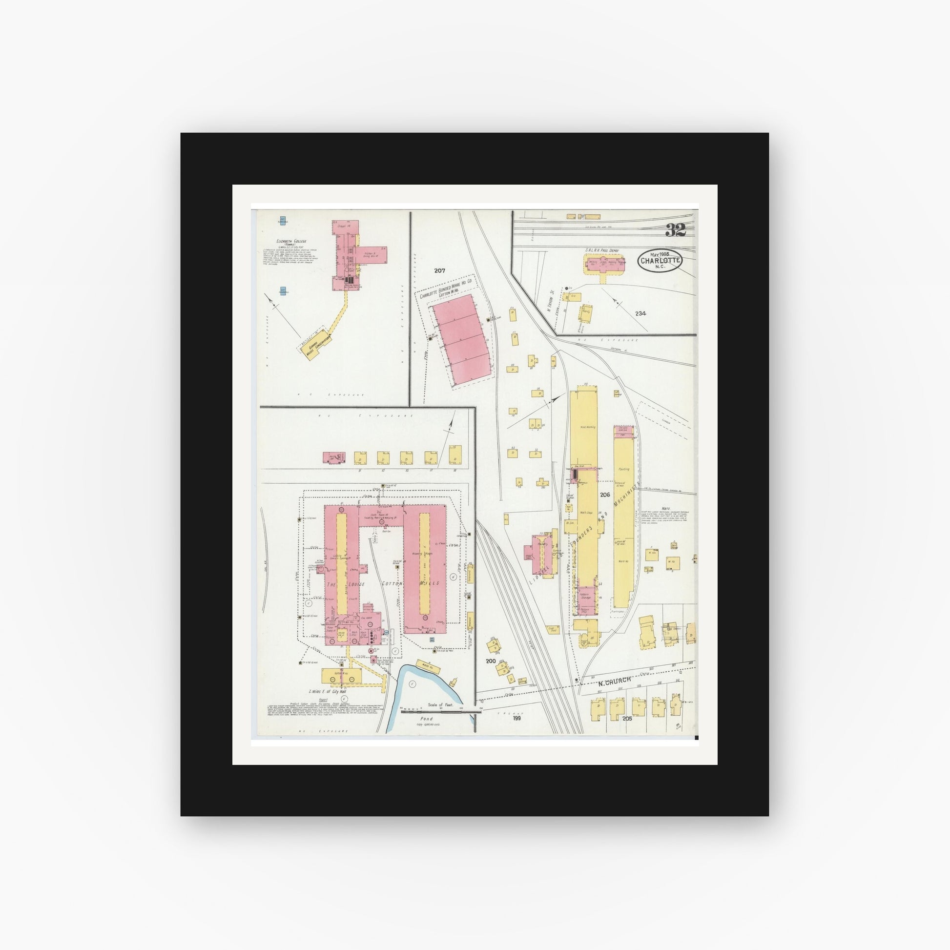 Old map wall art mockup — black gallery frame with white mat — Sanborn Fire Insurance Map from Charlotte, Mecklenburg County, North Carolina (1905), Sheet #0032