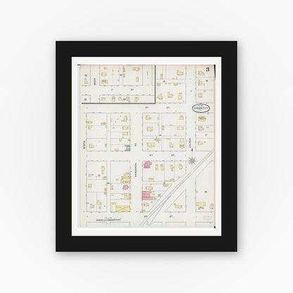 Old map wall art mockup — black gallery frame with white mat — Sanborn Fire Insurance Map from Gibson City, Ford County, Illinois (1892), Sheet #0003