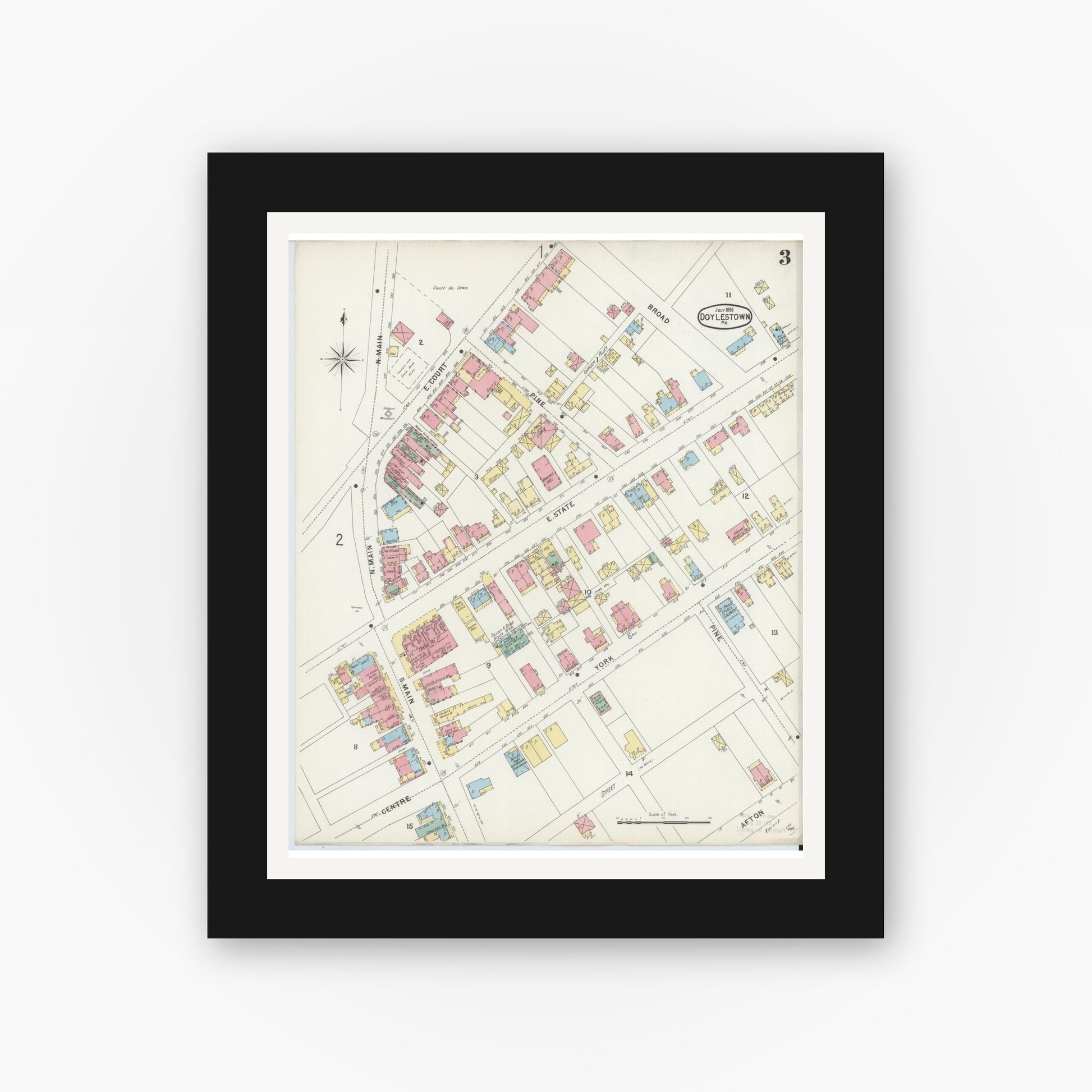 Old map wall art mockup — black gallery frame with white mat — Sanborn Fire Insurance Map from Doylestown, Bucks County, Pennsylvania (1896), Sheet #0003