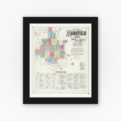 Old map wall art mockup — black gallery frame with white mat — Sanborn Fire Insurance Map from Mansfield, Richland County, Ohio (1897), Sheet #0001