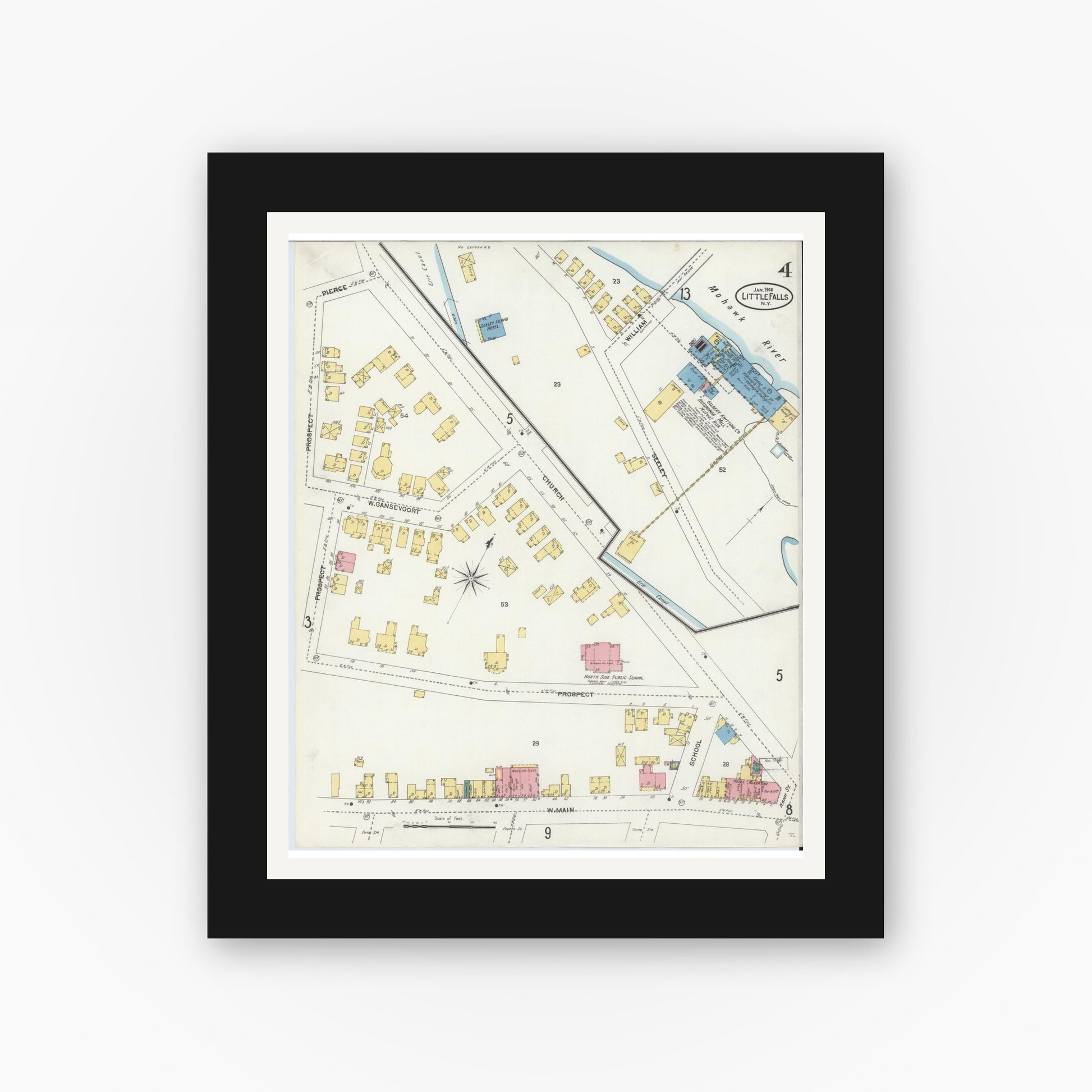 Old map wall art mockup — black gallery frame with white mat — Sanborn Fire Insurance Map from Little Falls, Herkimer County, New York (1906), Sheet #0004