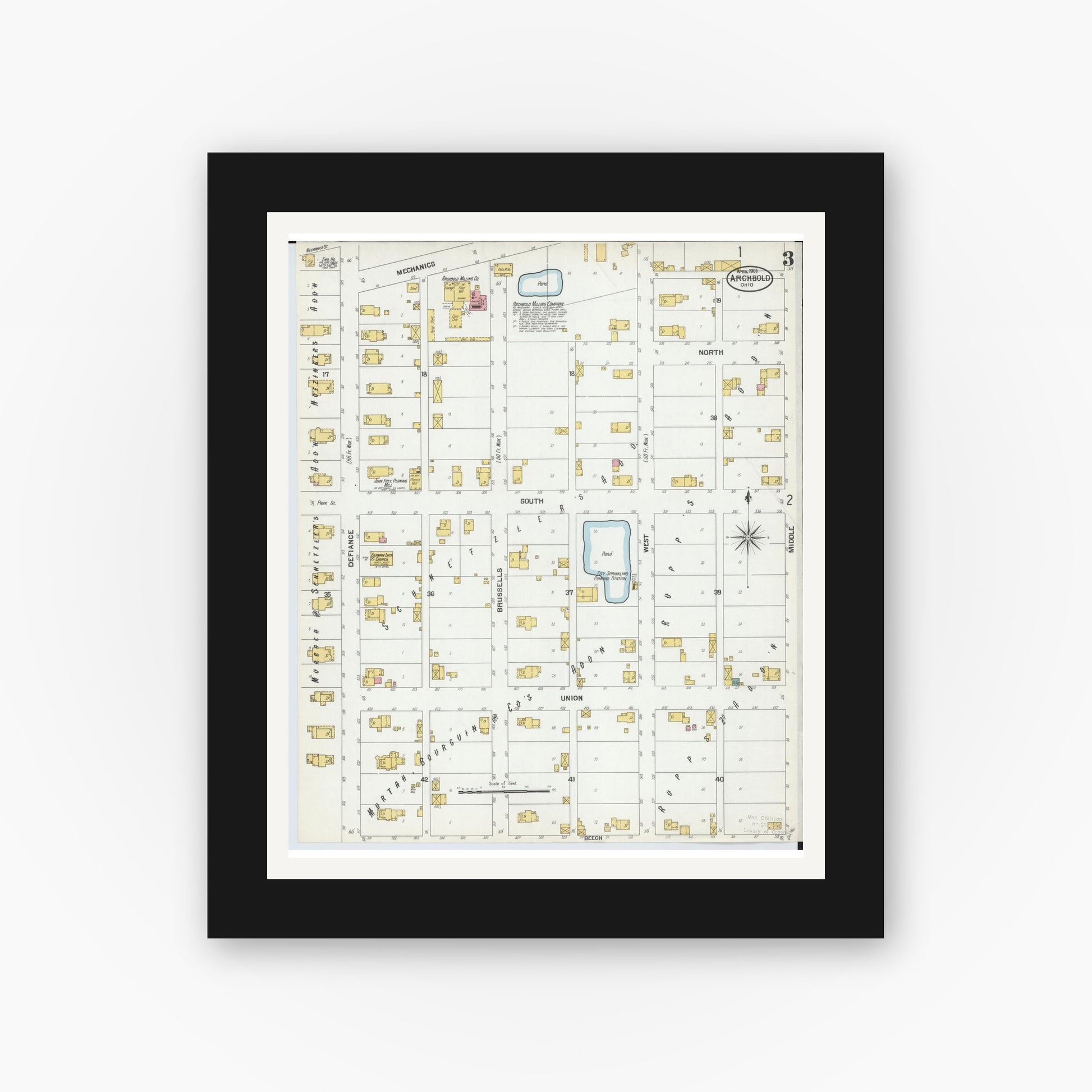 Old map wall art mockup — black gallery frame with white mat — Sanborn Fire Insurance Map from Archbold, Fulton County, Ohio (1901), Sheet #0003