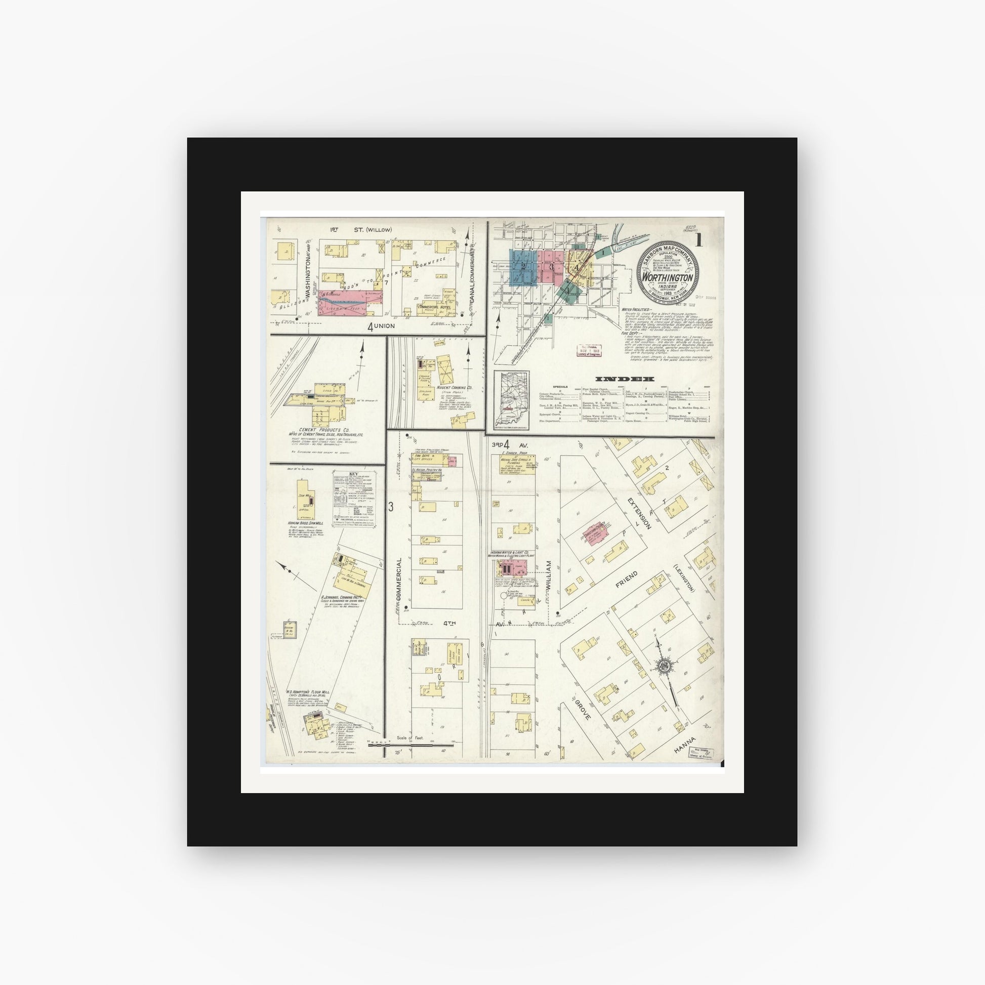 Old map wall art mockup — black gallery frame with white mat — Sanborn Fire Insurance Map from Worthington, Greene County, Indiana (1913) - Complete Map Set