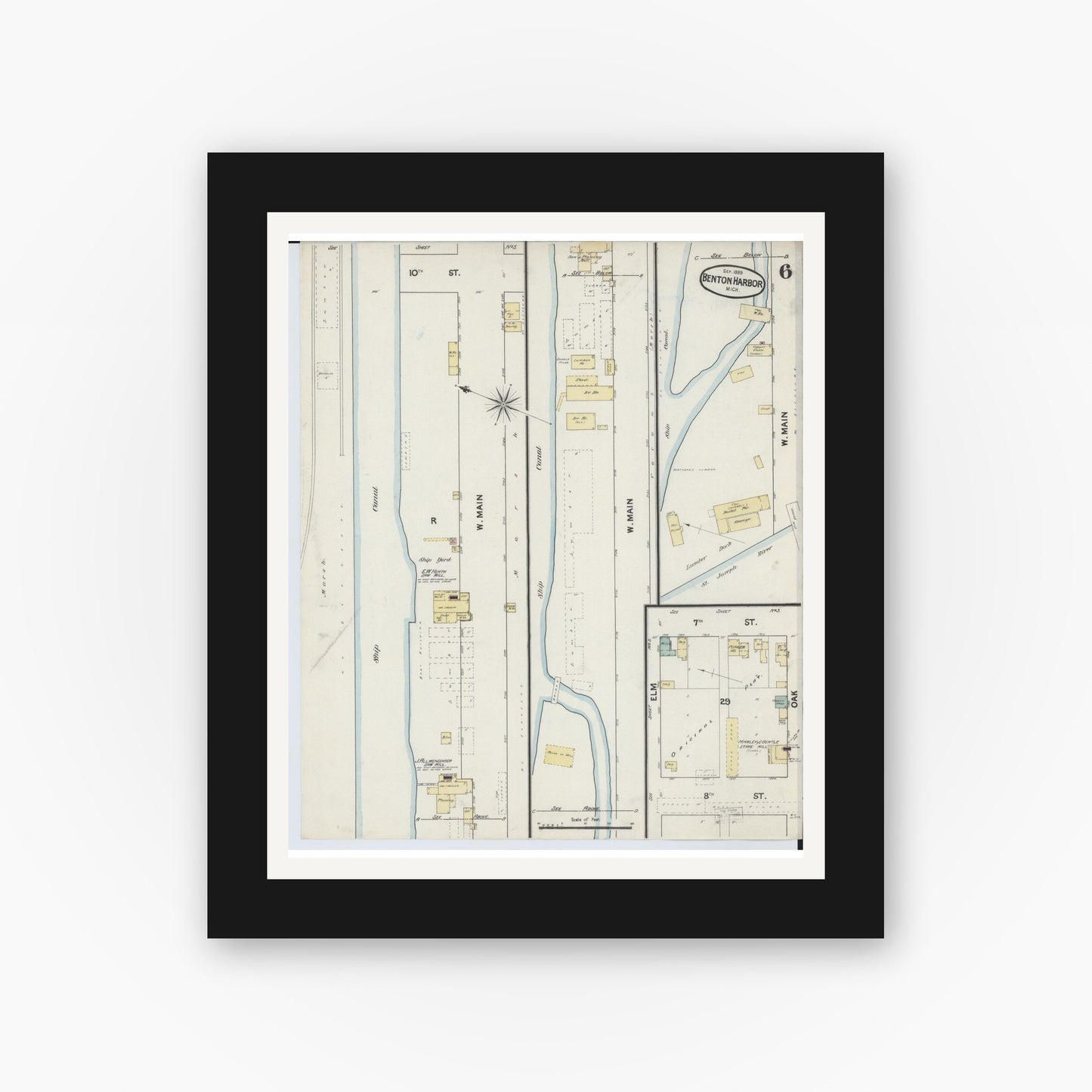 Old map wall art mockup — black gallery frame with white mat — Sanborn Fire Insurance Map from Benton Harbor, Berrien County, Michigan (1889), Sheet #0006