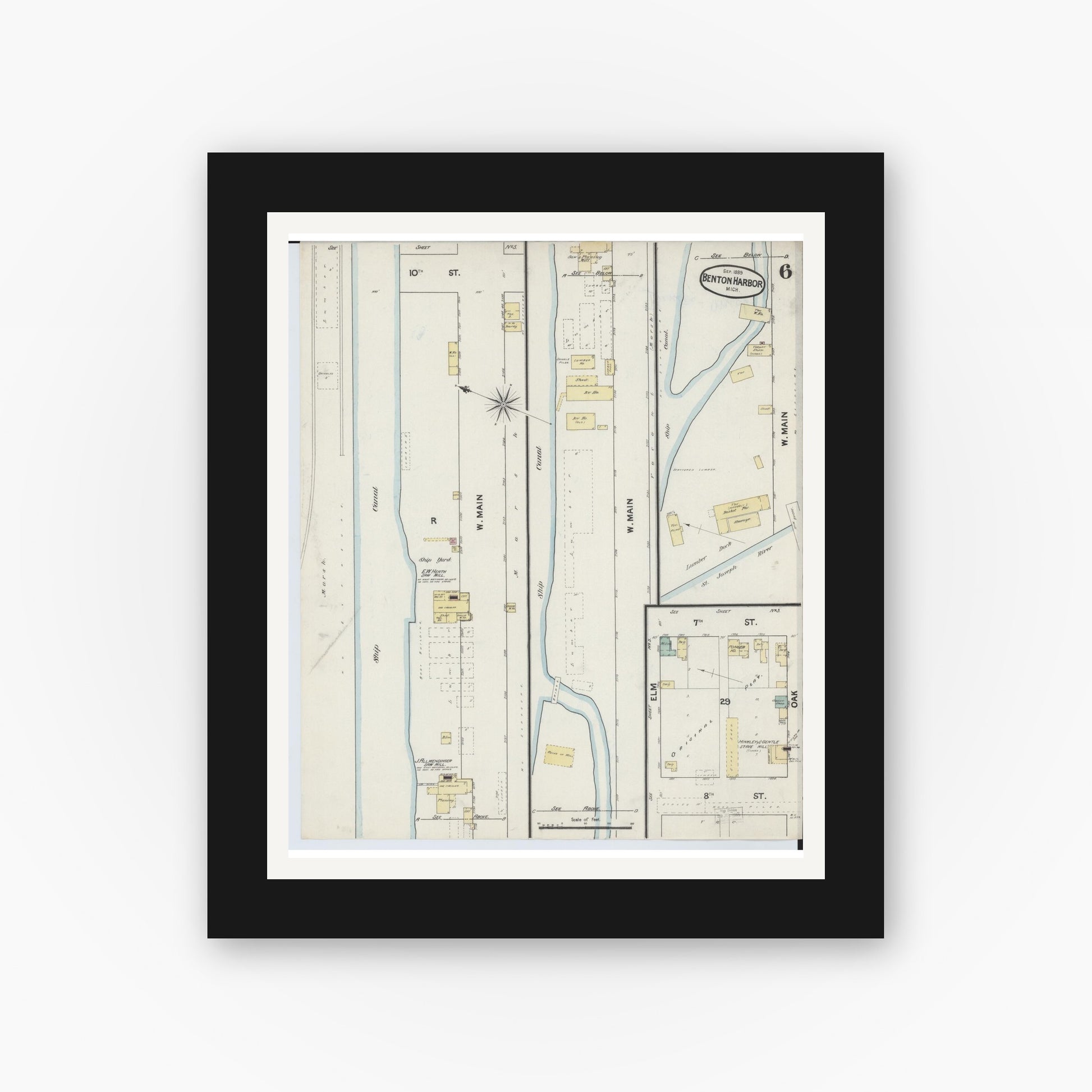 Old map wall art mockup — black gallery frame with white mat — Sanborn Fire Insurance Map from Benton Harbor, Berrien County, Michigan (1889), Sheet #0006