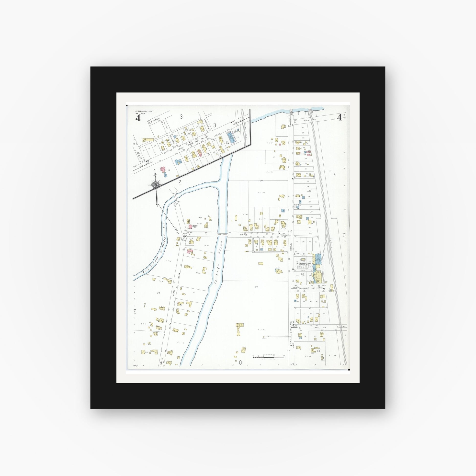 Old map wall art mockup — black gallery frame with white mat — Sanborn Fire Insurance Map from Pemberville, Wood County, Ohio (1948), Sheet #0004
