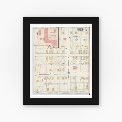 Old map wall art mockup — black gallery frame with white mat — Sanborn Fire Insurance Map from Montpelier, Blackford County, Indiana (1941), Sheet #0002