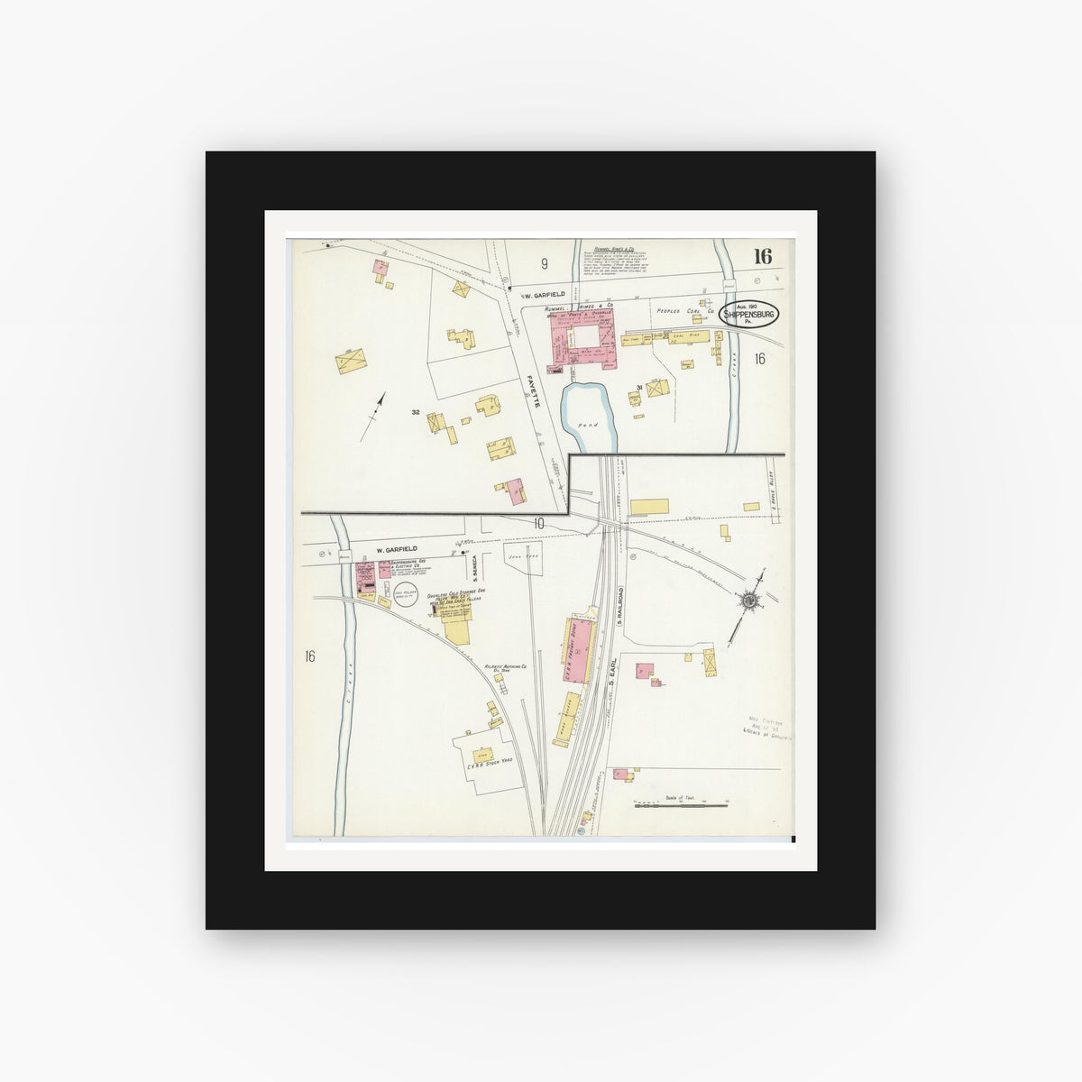 Old map wall art mockup — black gallery frame with white mat — Sanborn Fire Insurance Map from Shippensburg, Cumberland And Franklin Counties, Pennsylvania (1910), Sheet #0016