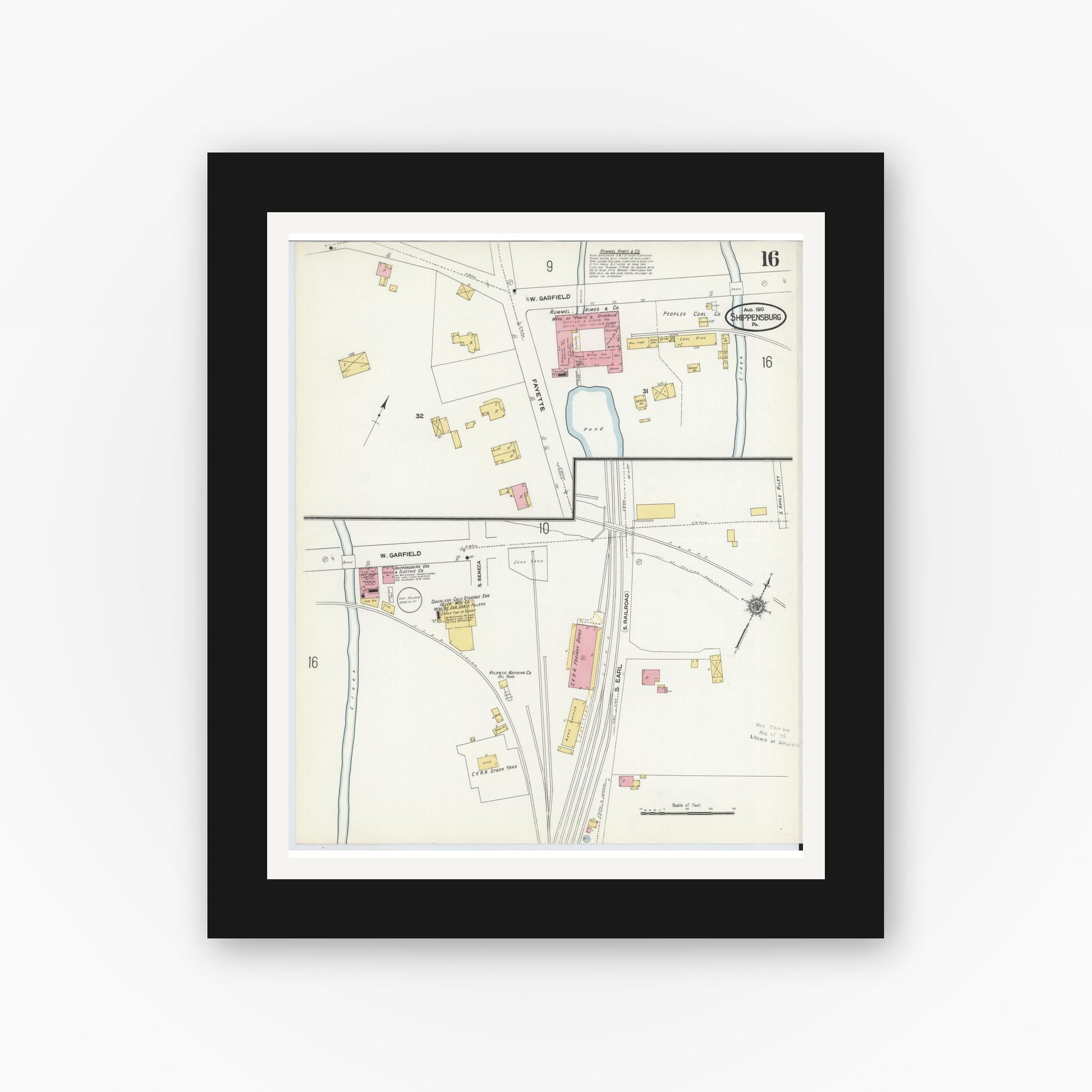 Old map wall art mockup — black gallery frame with white mat — Sanborn Fire Insurance Map from Shippensburg, Cumberland And Franklin Counties, Pennsylvania (1910), Sheet #0016