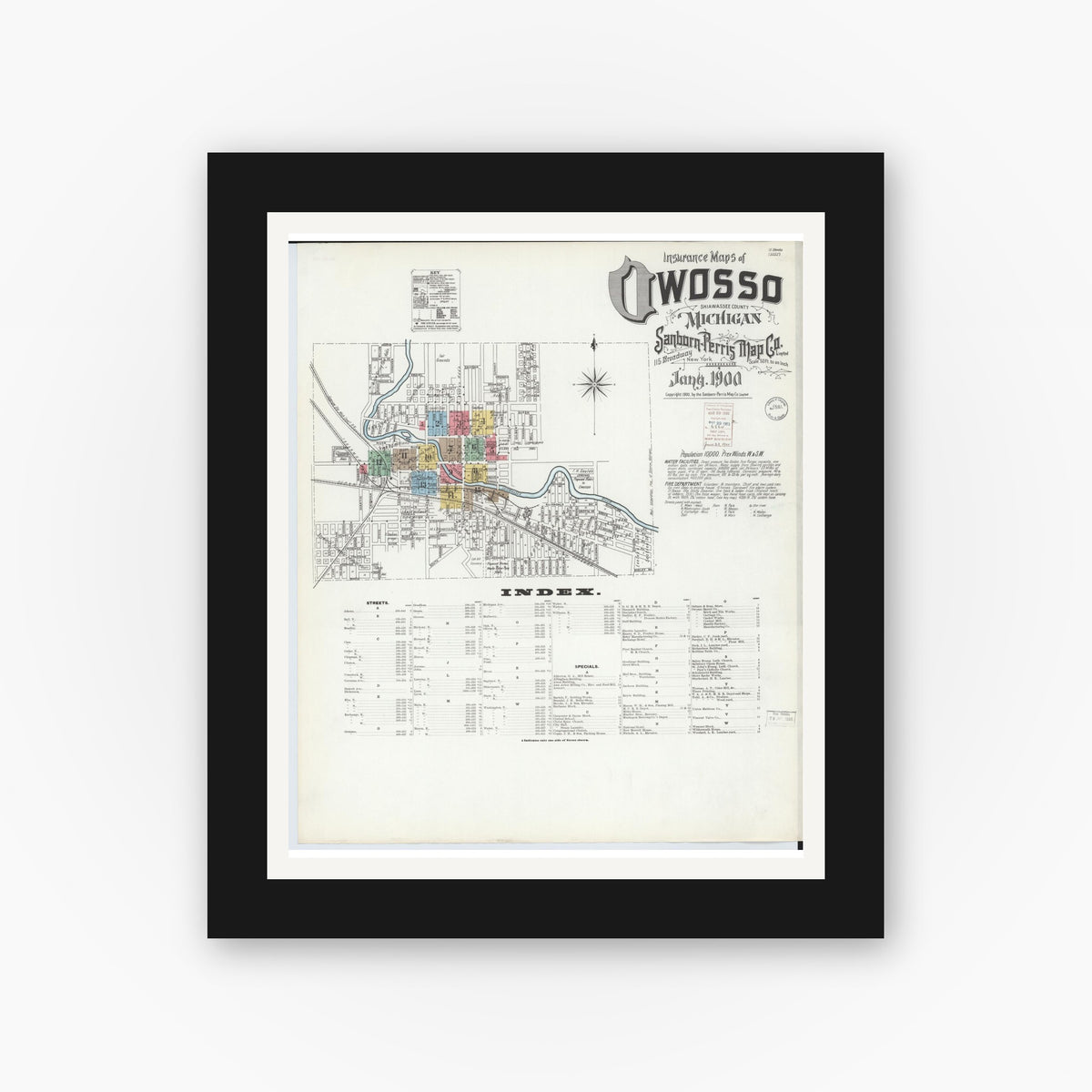 Old map wall art mockup — black gallery frame with white mat — Sanborn Fire Insurance Map from Owosso, Shiawassee County, Michigan (1900), Sheet #0001