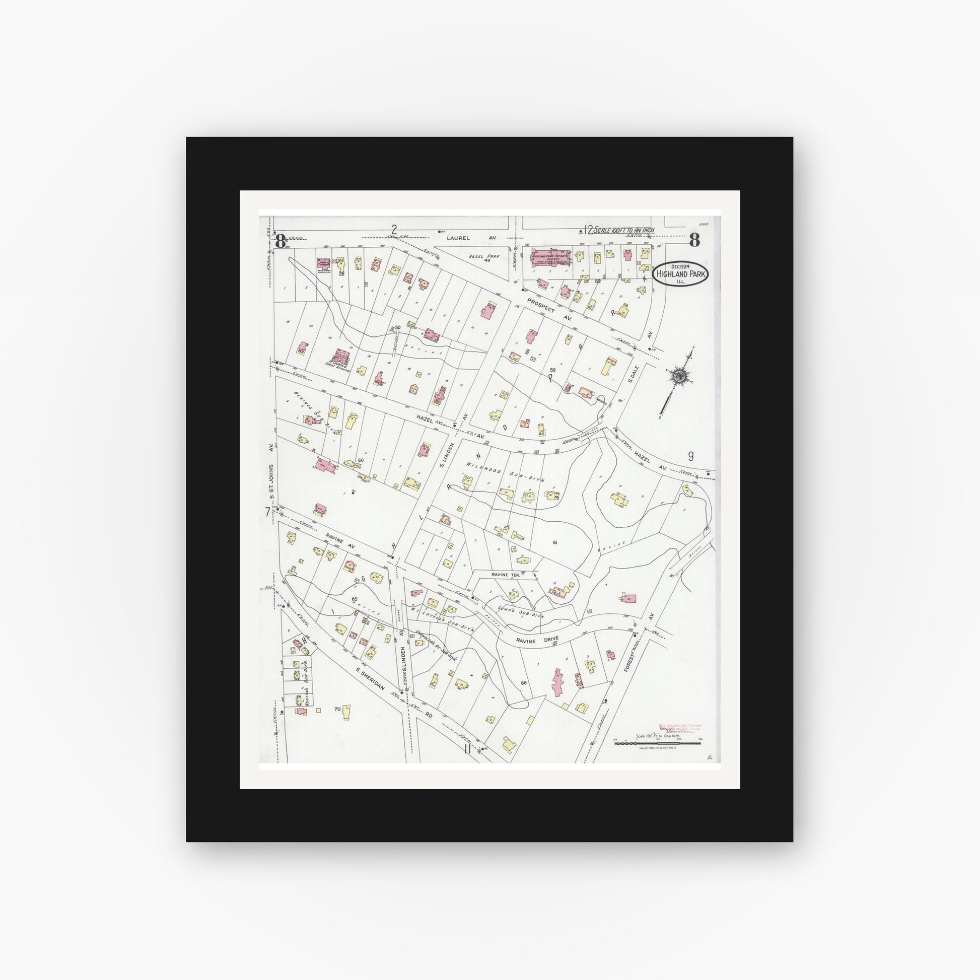 Old map wall art mockup — black gallery frame with white mat — Sanborn Fire Insurance Map from Highland Park, Lake County, Illinois (1924), Sheet #0008