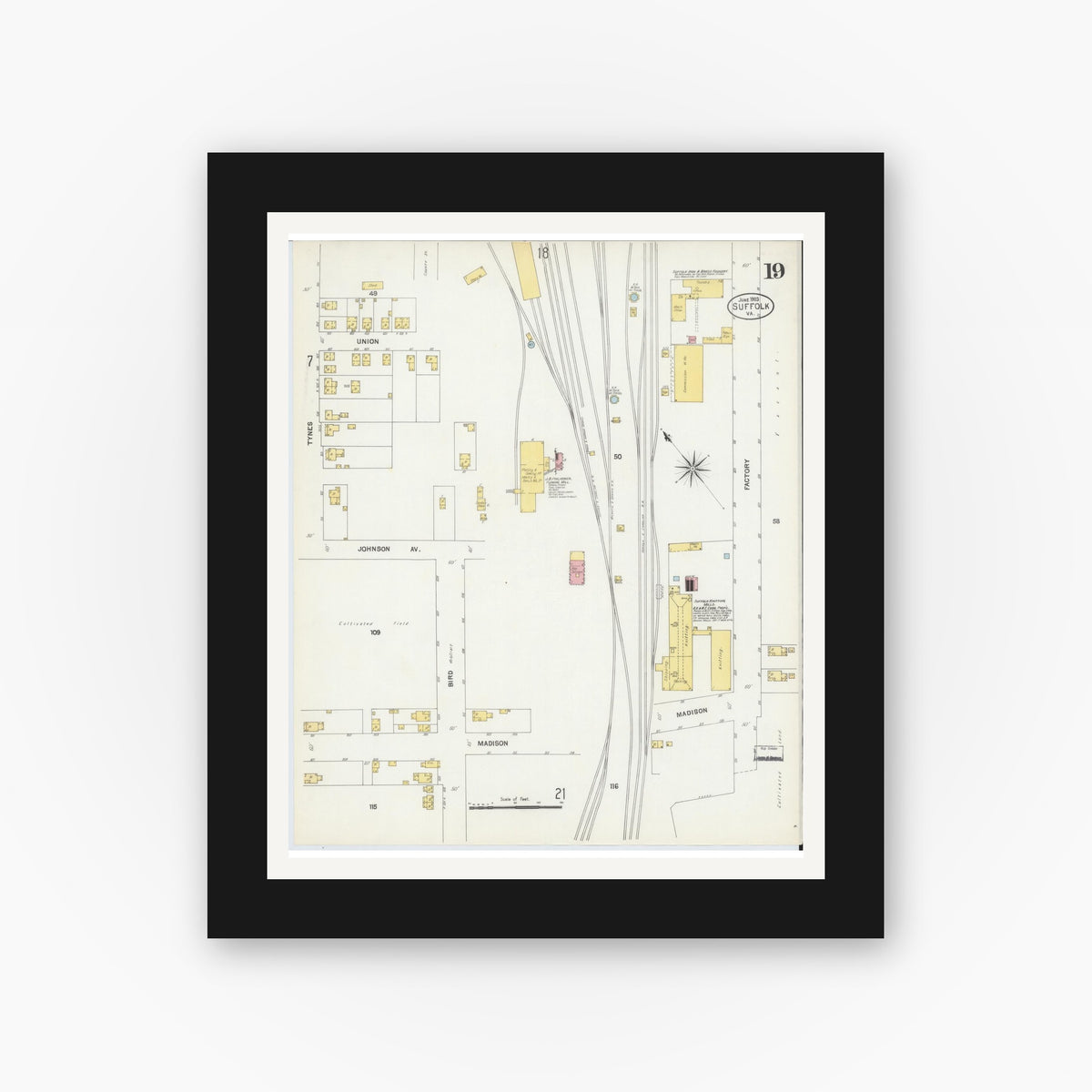 Old map wall art mockup — black gallery frame with white mat — Sanborn Fire Insurance Map from Suffolk, Independent Cities, Virginia (1903), Sheet #0019