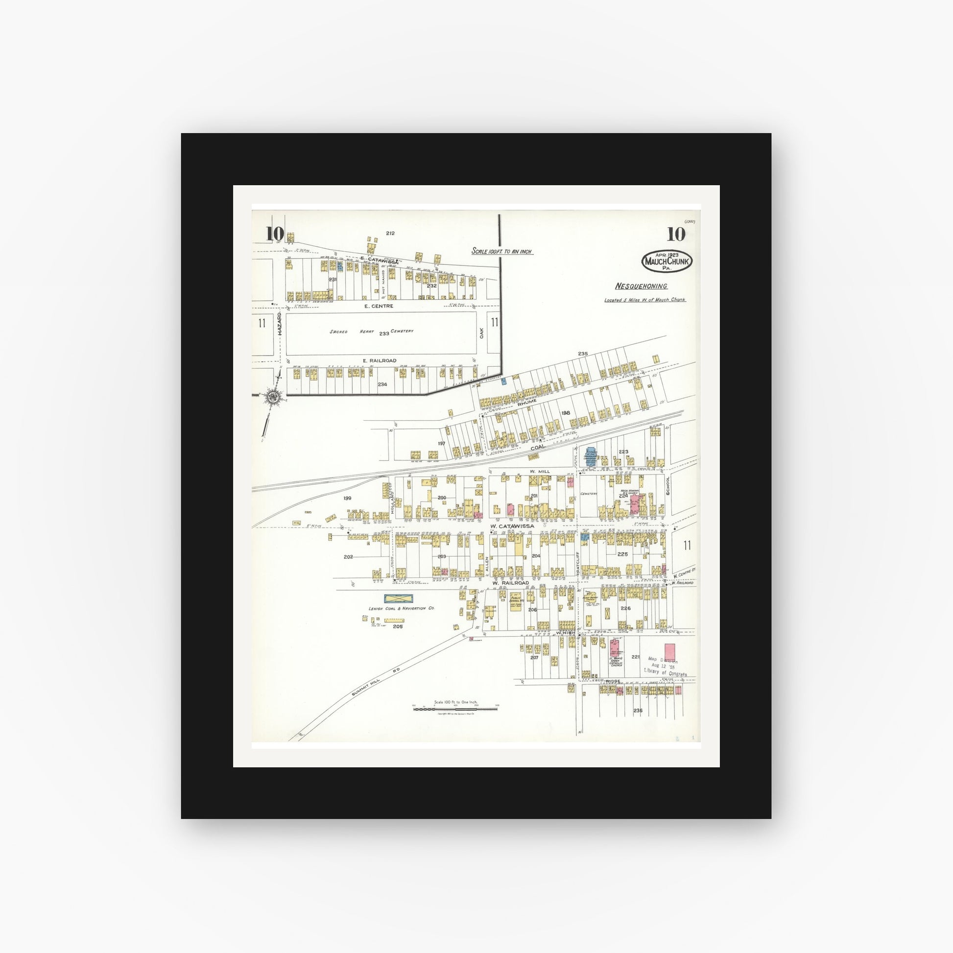 Old map wall art mockup — black gallery frame with white mat — Sanborn Fire Insurance Map from Mauch Chunk, Carbon County, Pennsylvania (1923), Sheet #0010