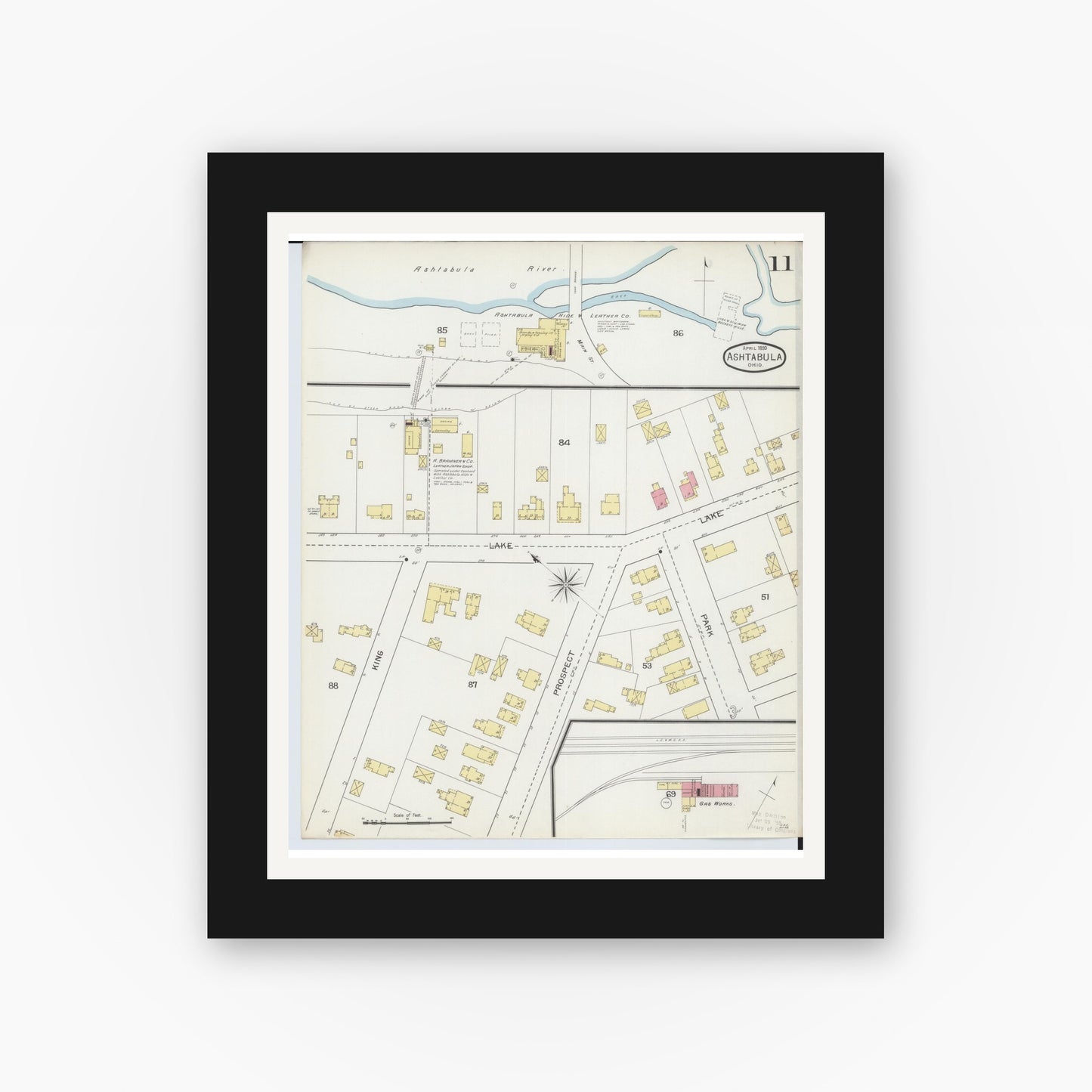Old map wall art mockup — black gallery frame with white mat — Sanborn Fire Insurance Map from Ashtabula, Ashtabula County, Ohio (1893), Sheet #0011