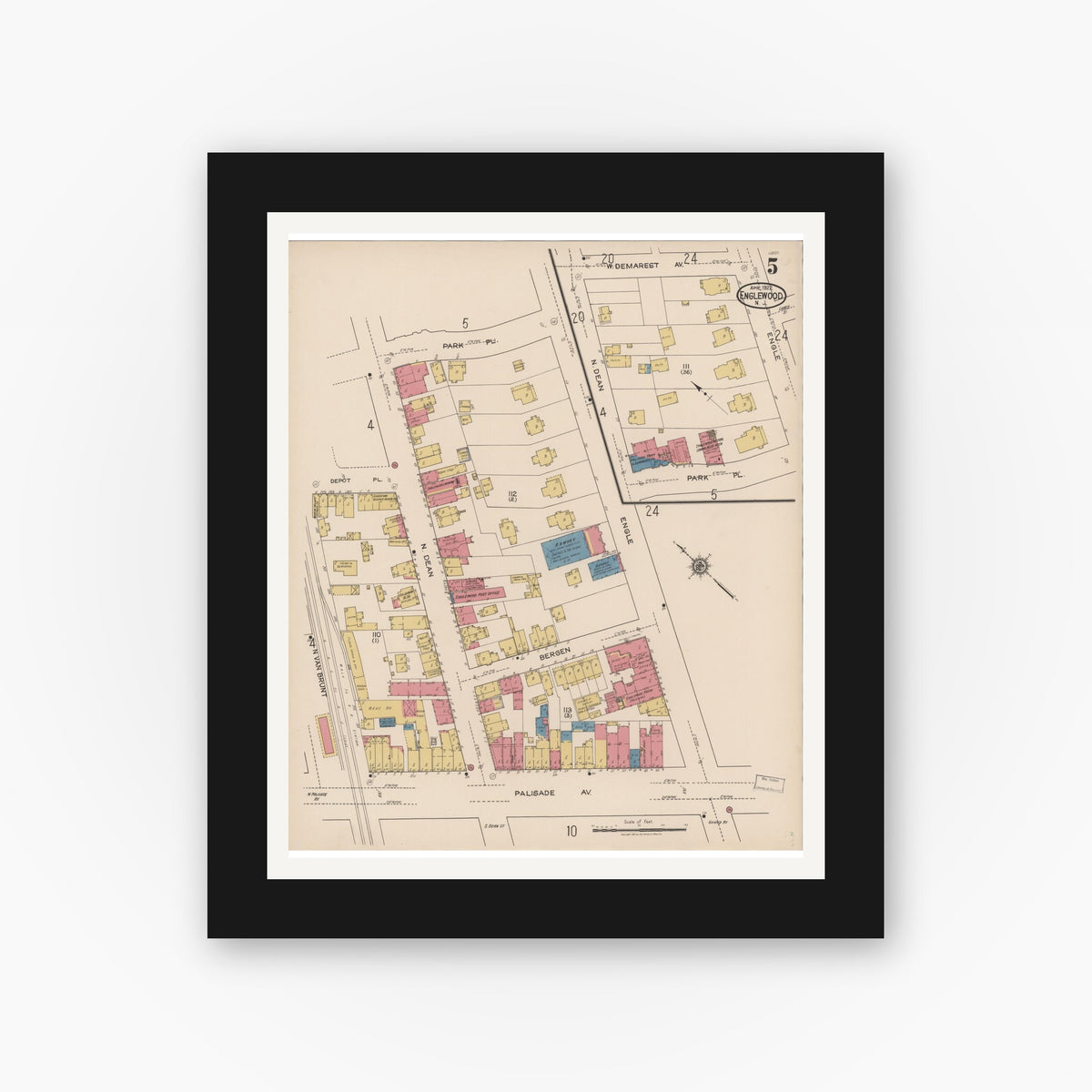 Old map wall art mockup — black gallery frame with white mat — Sanborn Fire Insurance Map from Englewood, Bergen County, New Jersey (1922), Sheet #0005