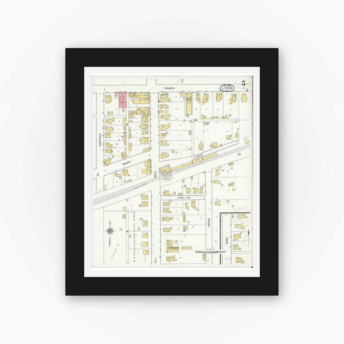 Old map wall art mockup — black gallery frame with white mat — Sanborn Fire Insurance Map from Lynn, Randolph County, Indiana (1920), Sheet #0005