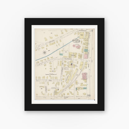 Old map wall art mockup — black gallery frame with white mat — Sanborn Fire Insurance Map from Marlborough, Middlesex County, Massachusetts (1885), Sheet #0007