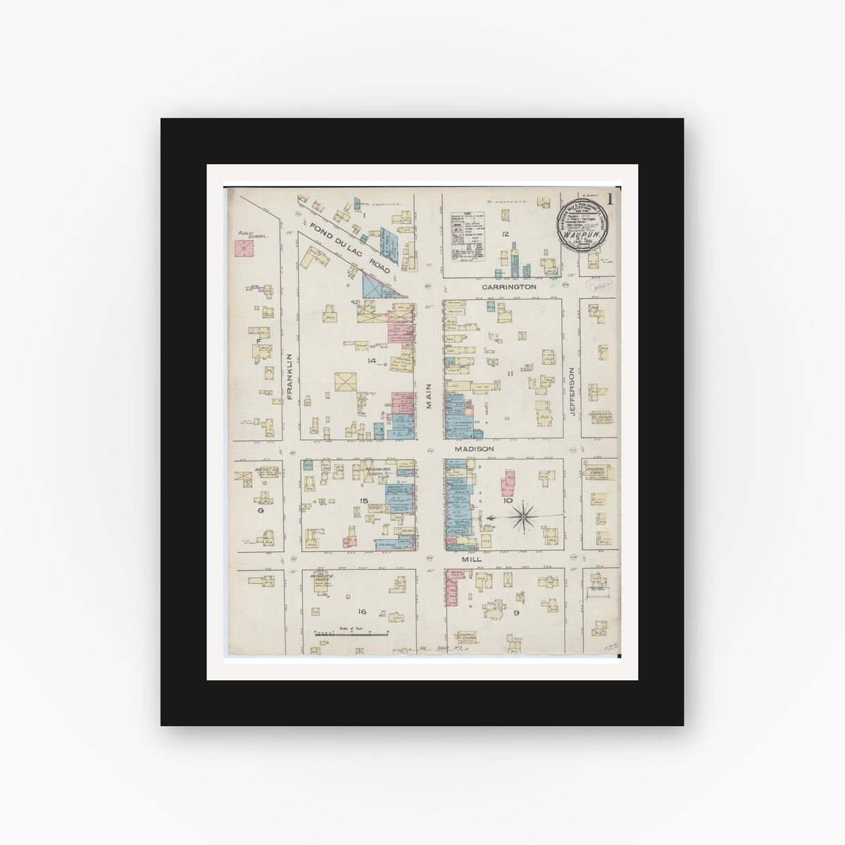 Old map wall art mockup — black gallery frame with white mat — Sanborn Fire Insurance Map from Waupun, Dodge and Fond du Lac Counties, Wisconsin (1885), Sheet #0001